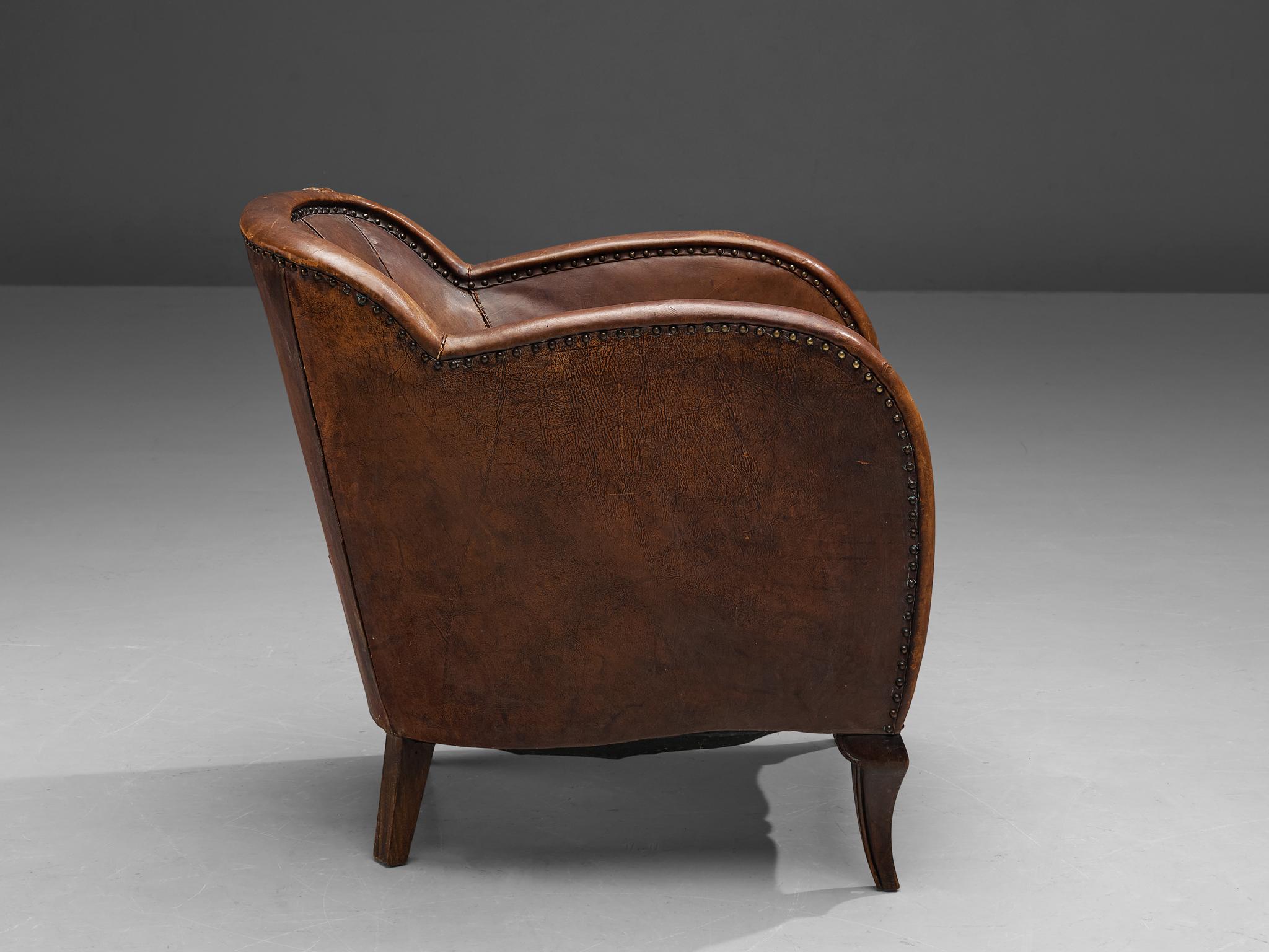 Scandinavian Club Chair in Patinated Cognac Leather In Good Condition For Sale In Waalwijk, NL