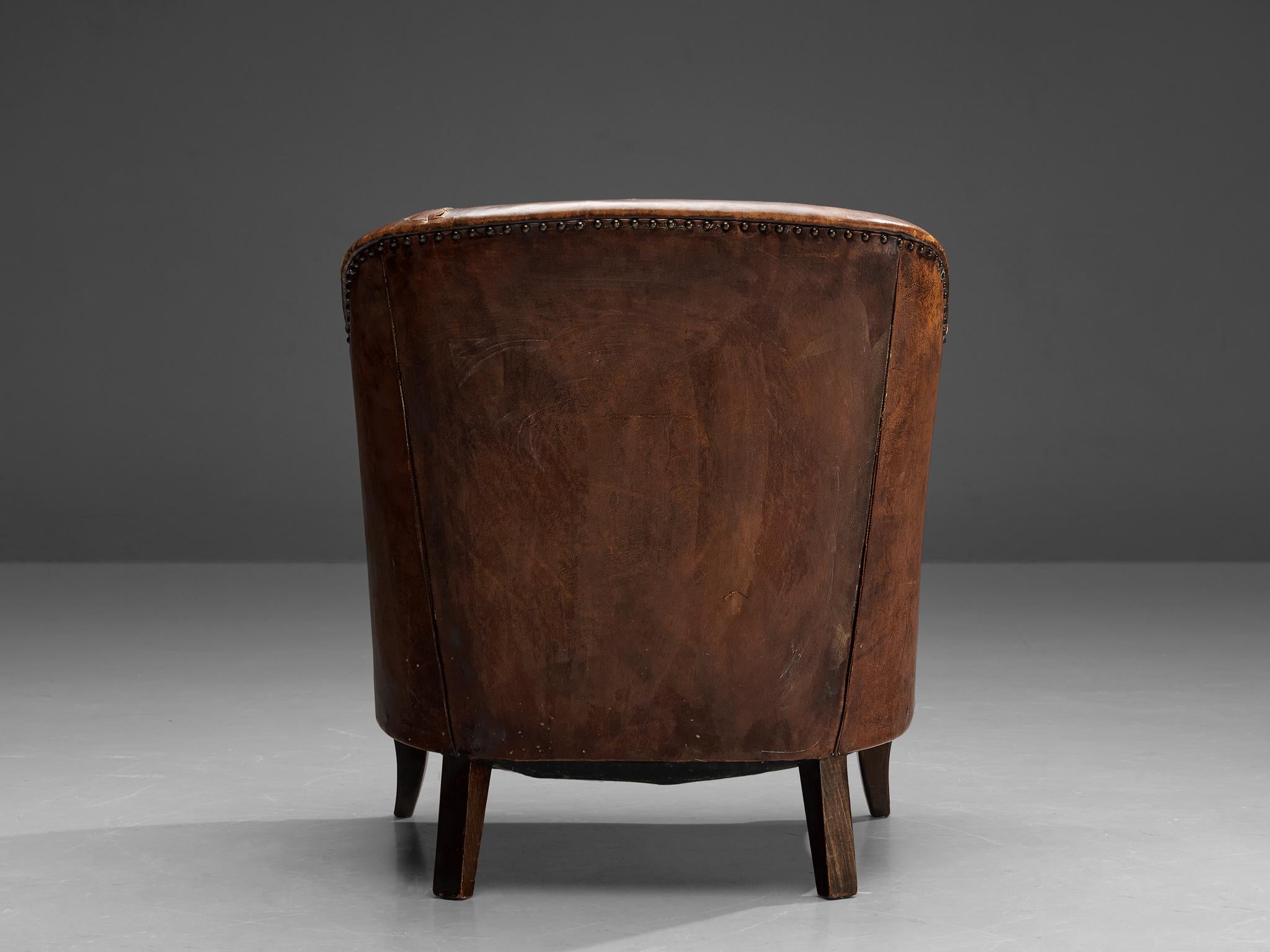 Mid-20th Century Scandinavian Club Chair in Patinated Cognac Leather For Sale