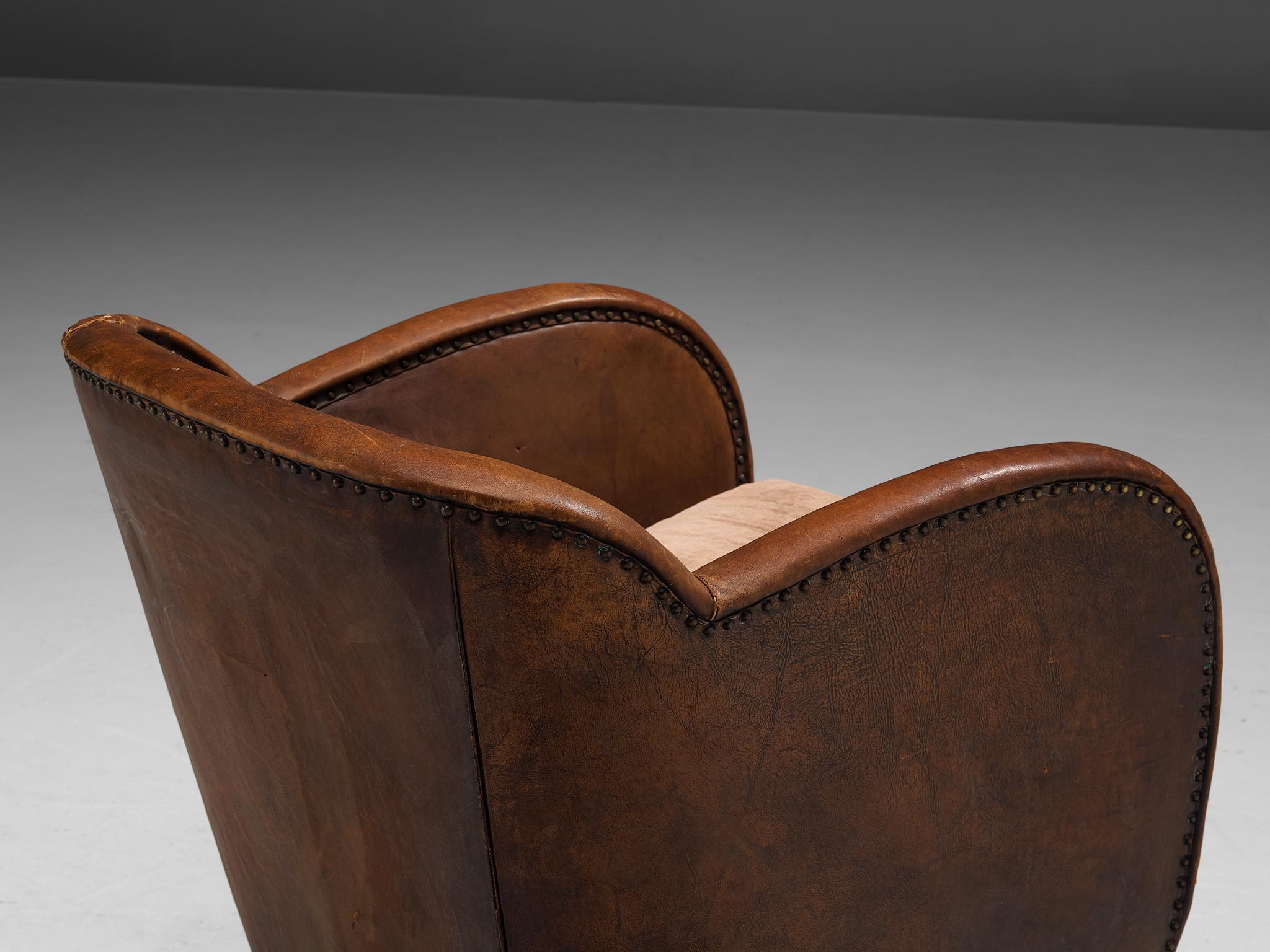 Scandinavian Club Chair in Patinated Cognac Leather For Sale 1