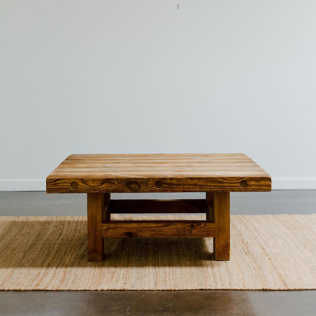 A solid raw wood Scandinavian coffee table from the 1970's. The table is made of old-growth solid pinewood timber salvaged from 18th century buildings that were due for demolition. 