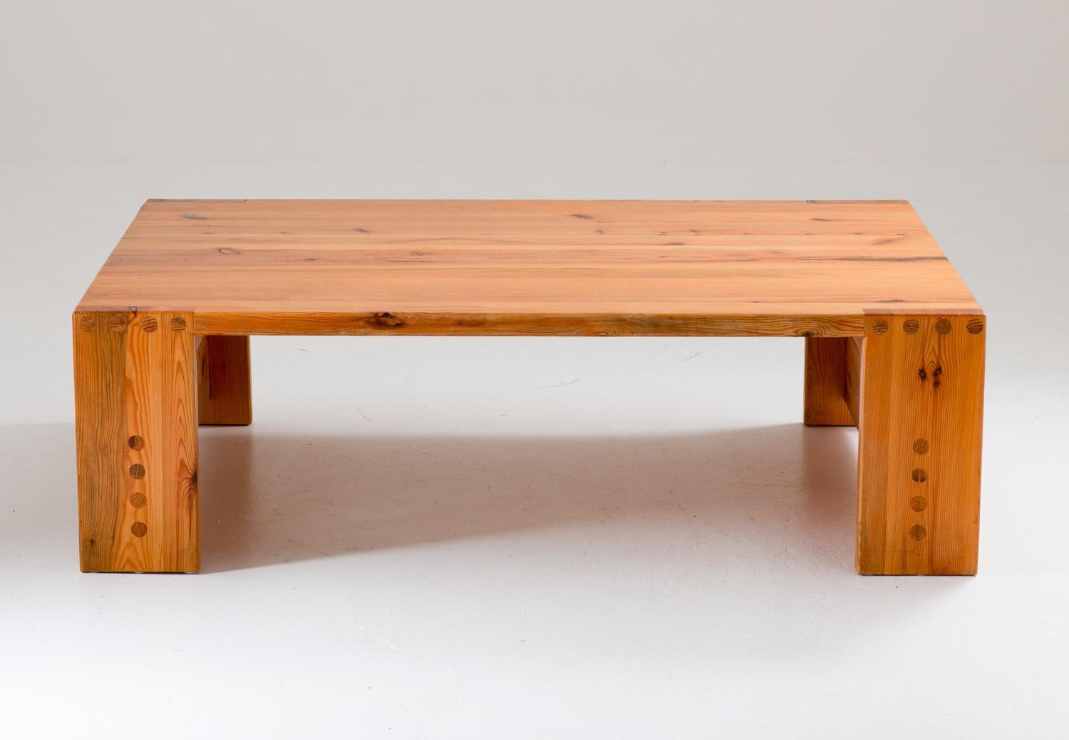 Rare coffee table in pine by Sven Larsson, Sweden, circa 1970. 
This table is a great example of the robust pine furniture era that grew popular in Sweden in the late 1960s. The table is made of thick solid pine with beautiful
