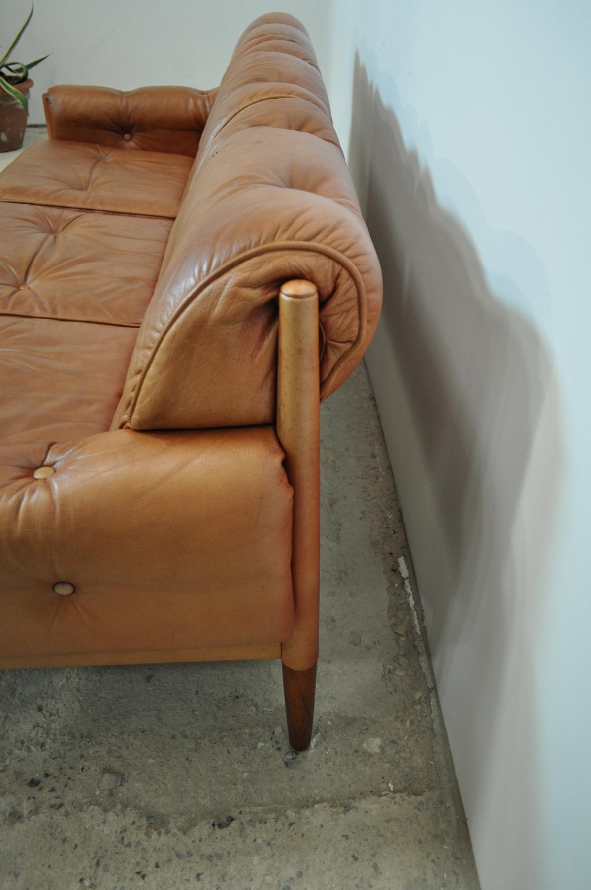 Scandinavian Cognac Brown Leather and Rosewood 3-Seater Sofa 6