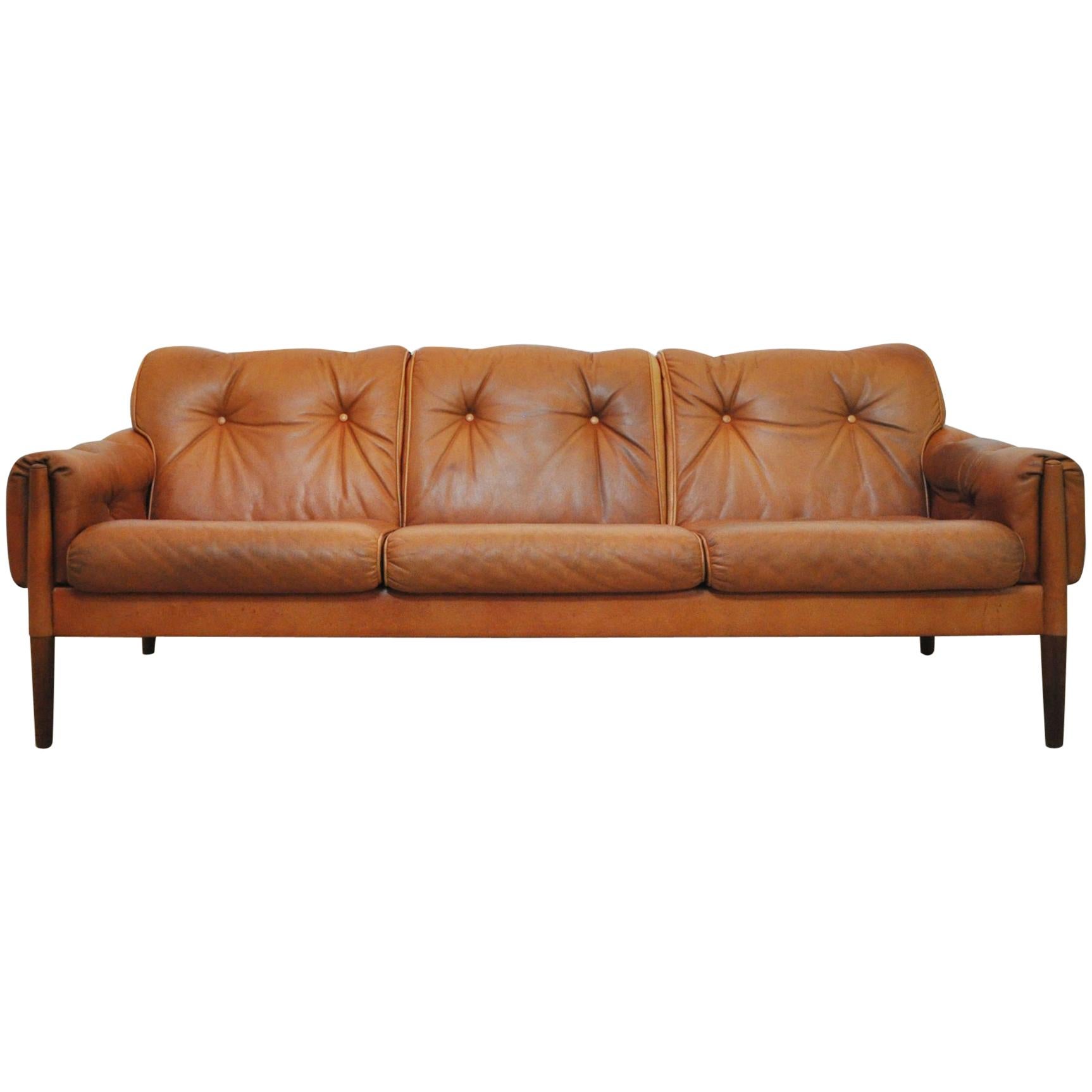 Scandinavian Cognac Brown Leather and Rosewood 3-Seater Sofa