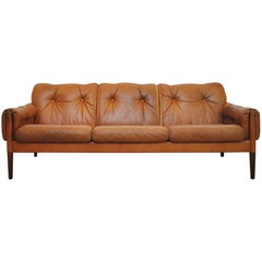 Scandinavian Cognac Brown Leather and Rosewood 3-Seater Sofa