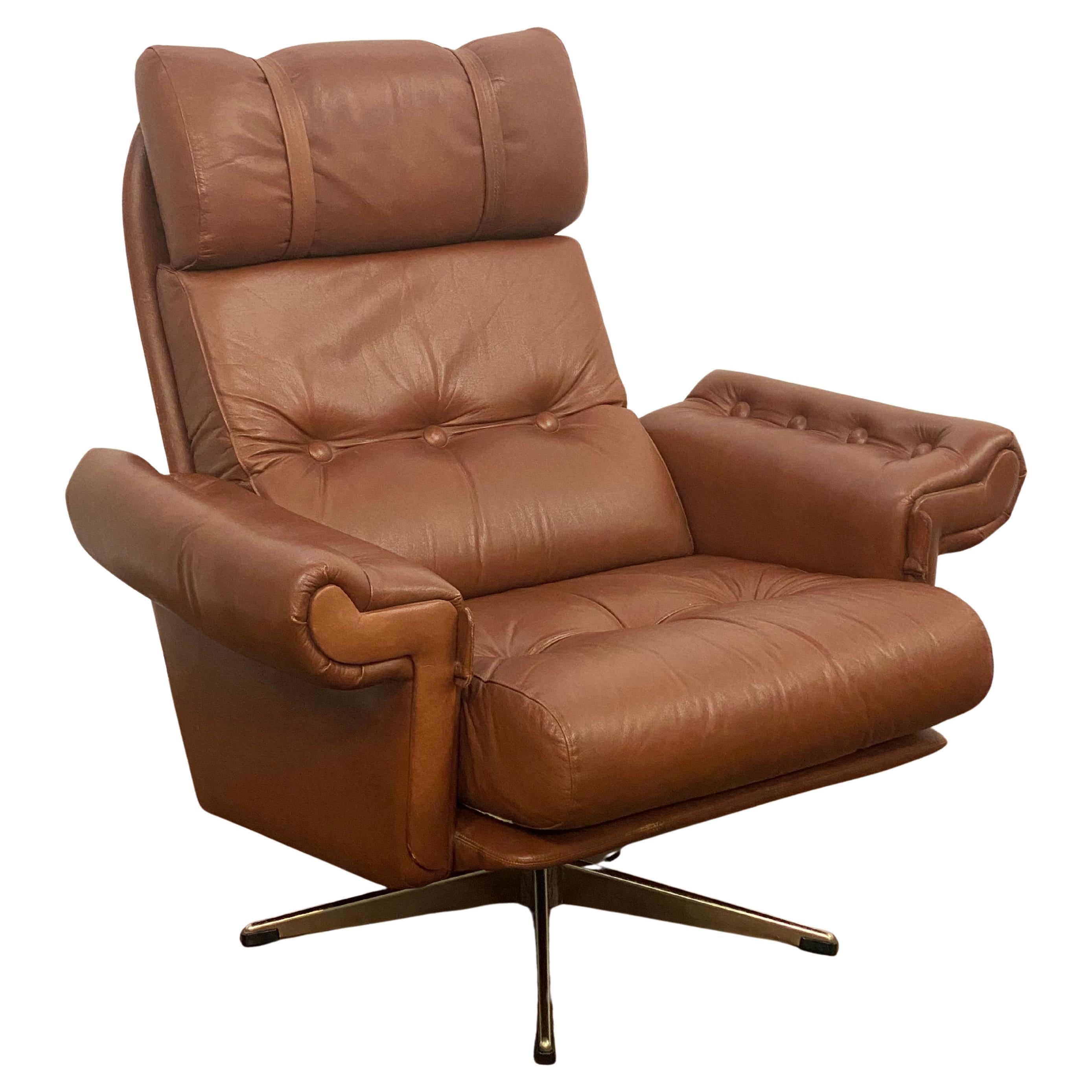 Scandinavian Cognac Leather Swivel Lounge Chair