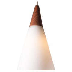 Scandinavian conical pendant light in teak and Opaline by Louis Kalff.