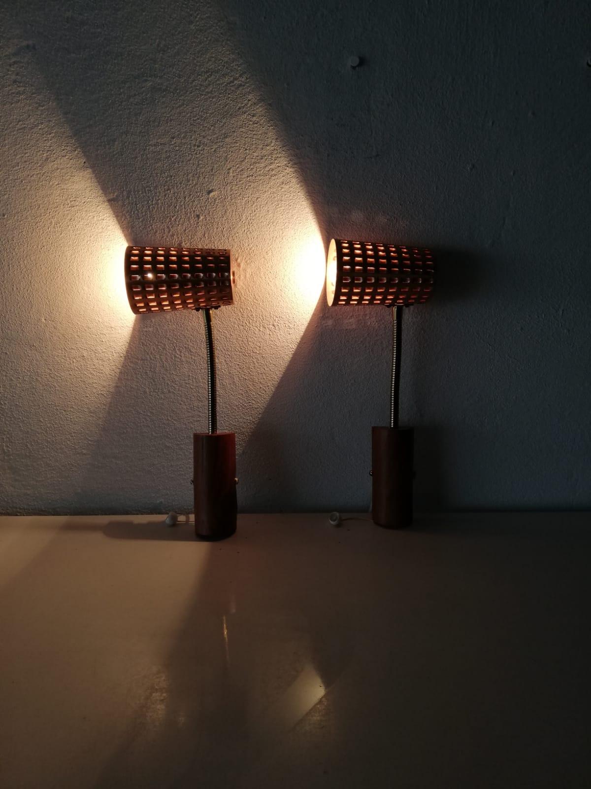 Scandinavian Copper Metal & Teak Pair of Sconces, 1950s Denmark For Sale 1