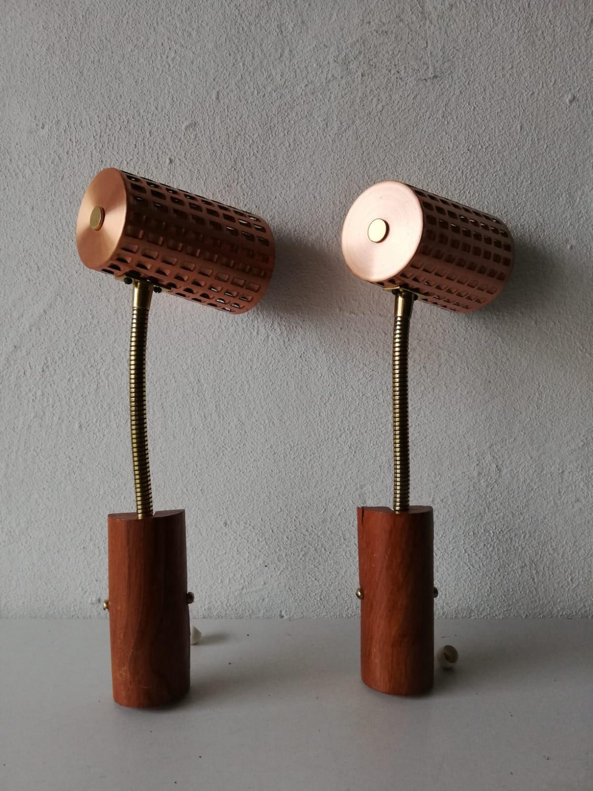 Scandinavian Copper Metal & Teak Pair of Sconces, 1950s Denmark For Sale 3