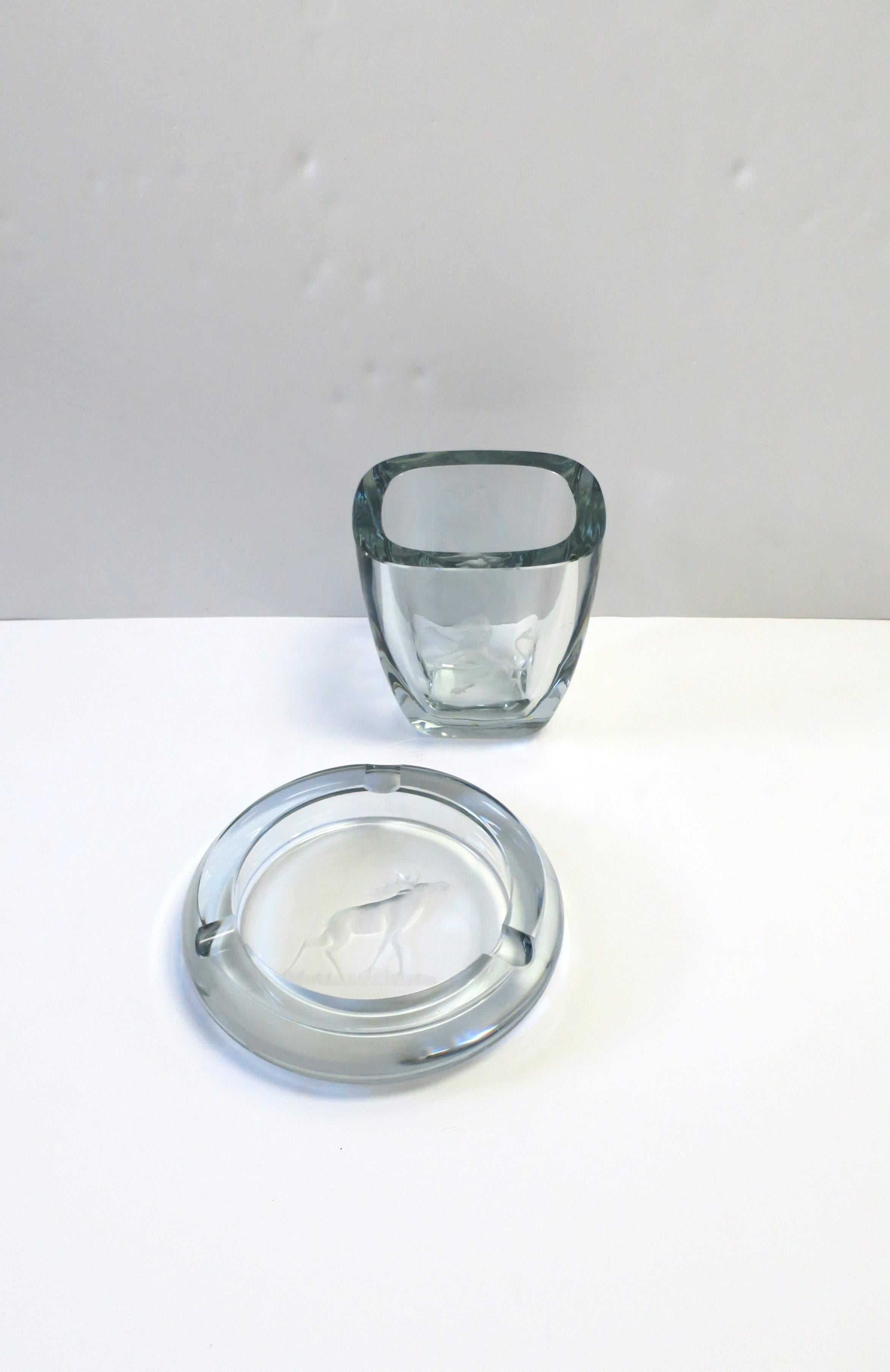 Swedish Scandinavian Crystal Strombergshytta Glass Ashtray Catchall w/Buck Deer Sweden For Sale