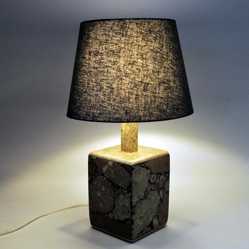 Great, stunning and heavy stone table lamps with a lovely mix of stone patterns on the sides. Colormix of brown, beige, red, grey and black. Cube shaped and with long neck. Steady and interesting lamp. Unknown designer but signed with initials: EJ.