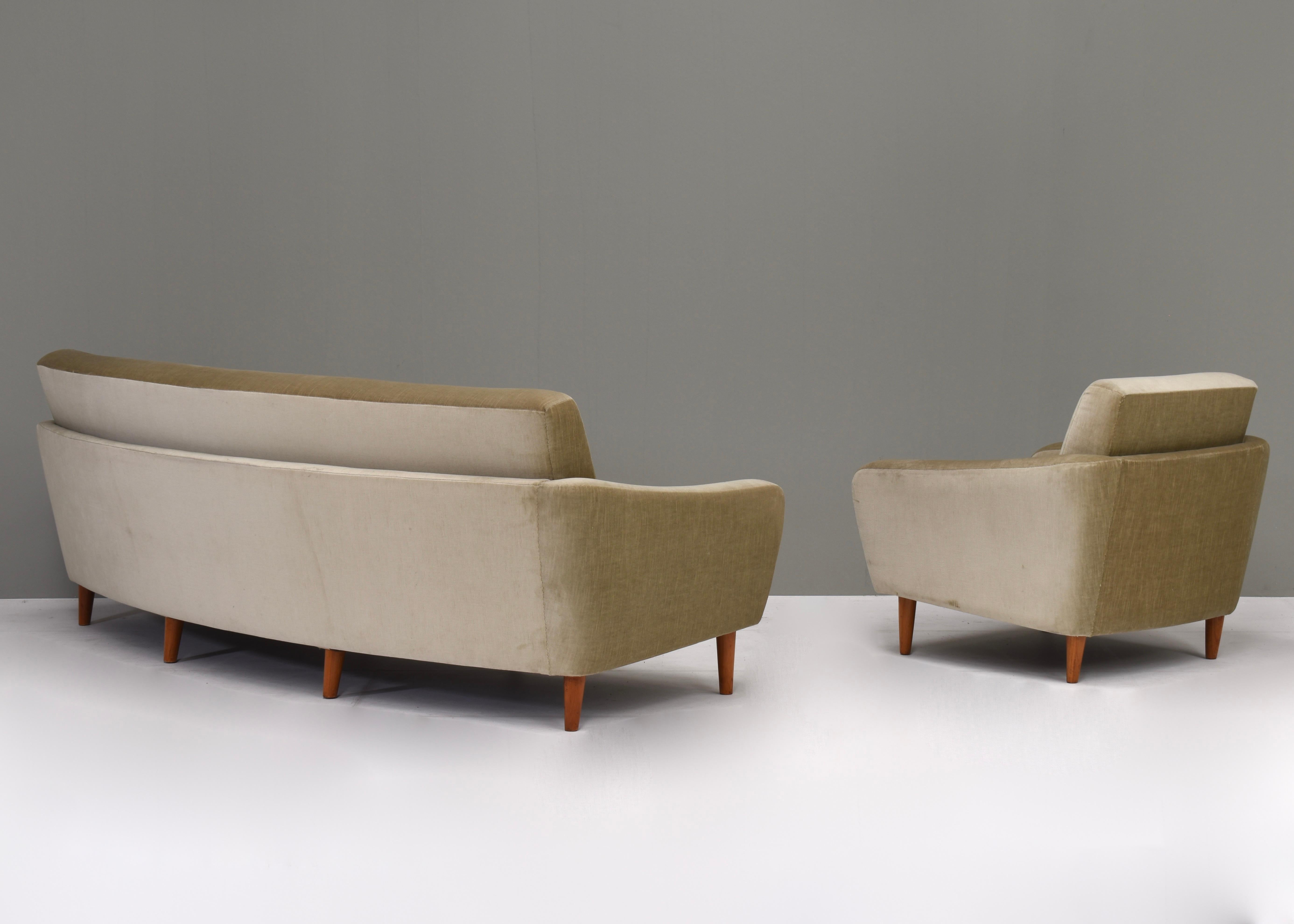 Scandinavian Modern Scandinavian Curved Sofa and Armchair in Original Mohair, Denmark, circa 1950 For Sale