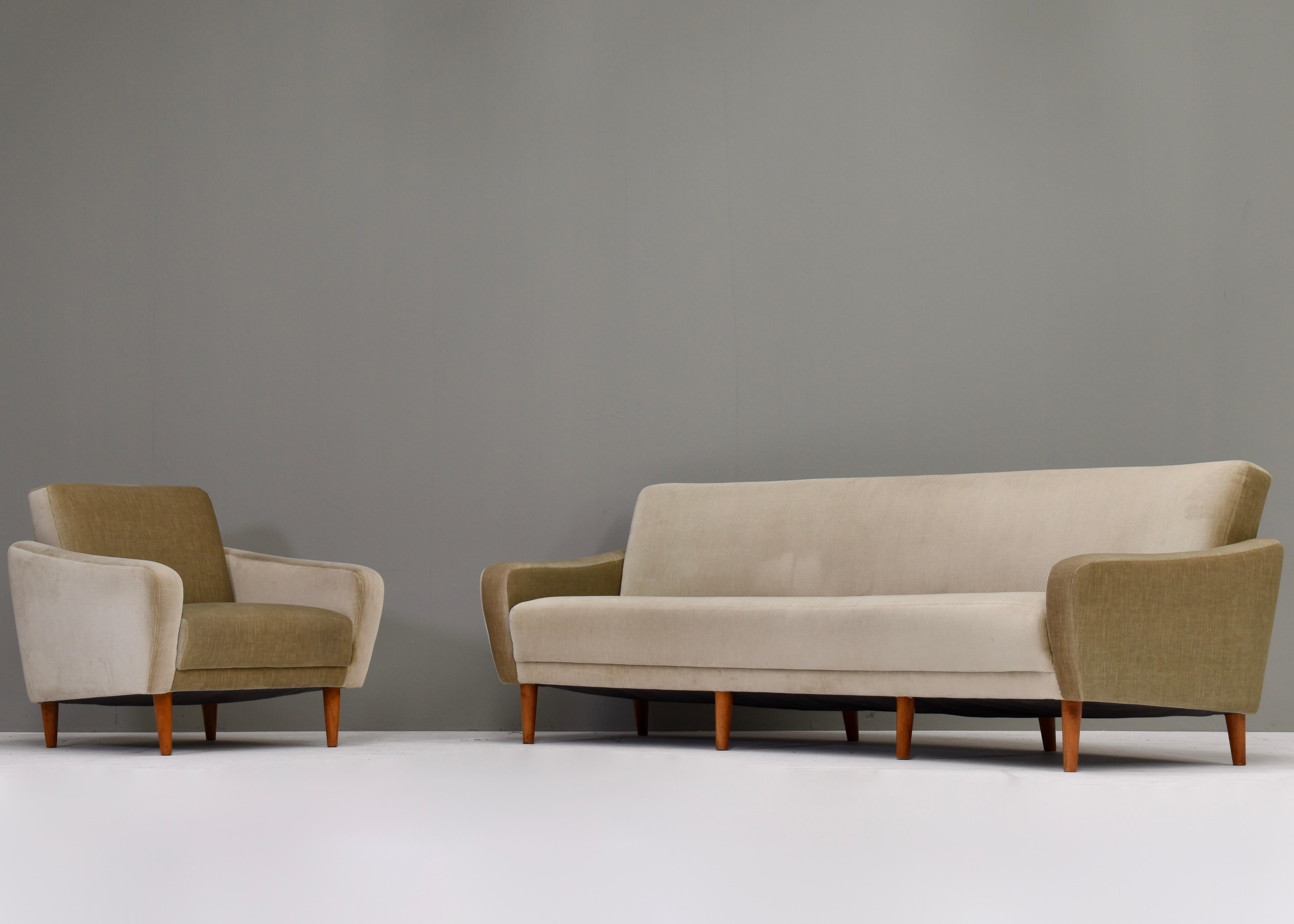 Mid-20th Century Scandinavian Curved Sofa and Armchair in Original Mohair, Denmark, circa 1950