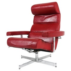 Scandinavian Danish Modern Chrome and Red leather lounge chair