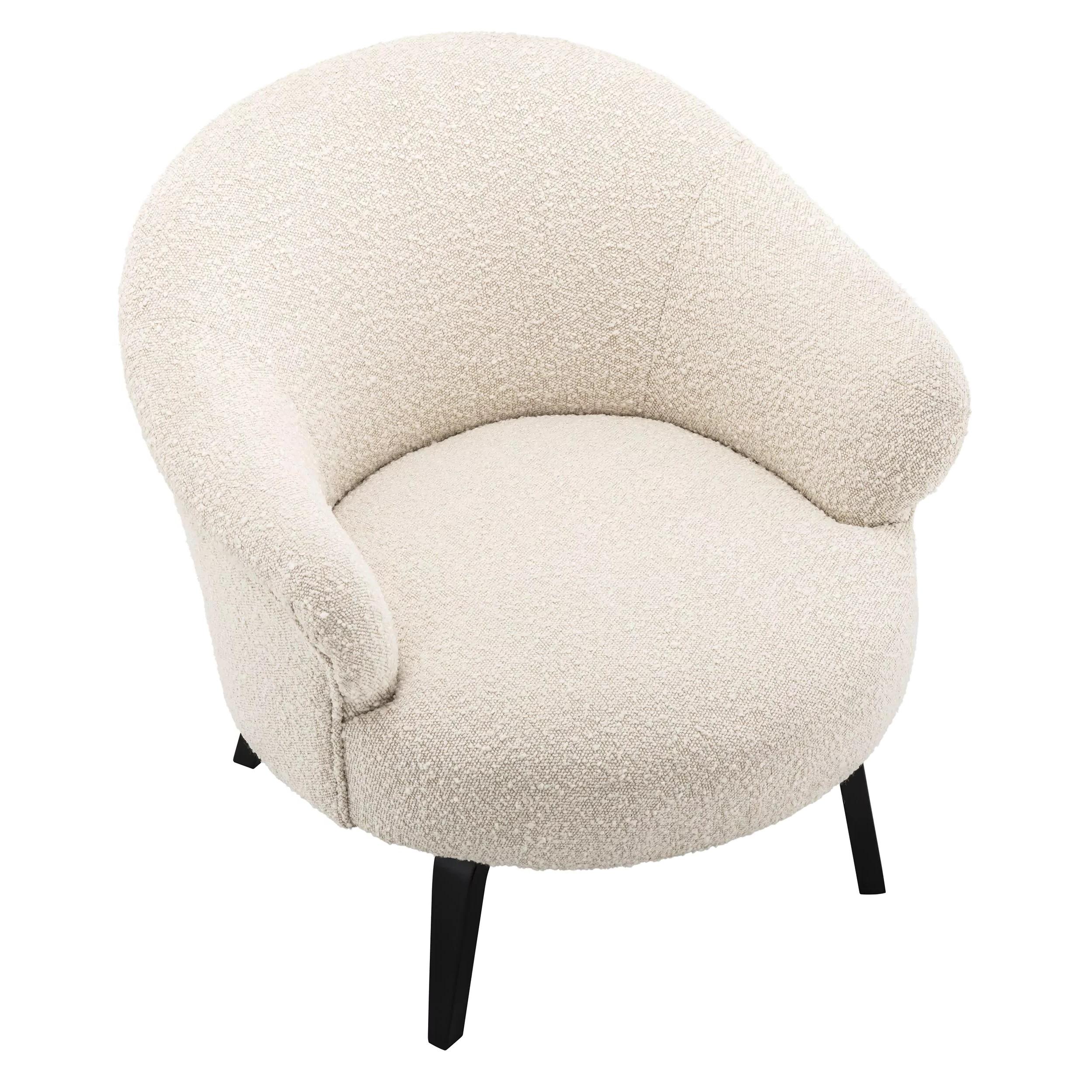 Vintage style and MCM design black wooden feet with beige Bouclé fabric rounded shaped armchair.