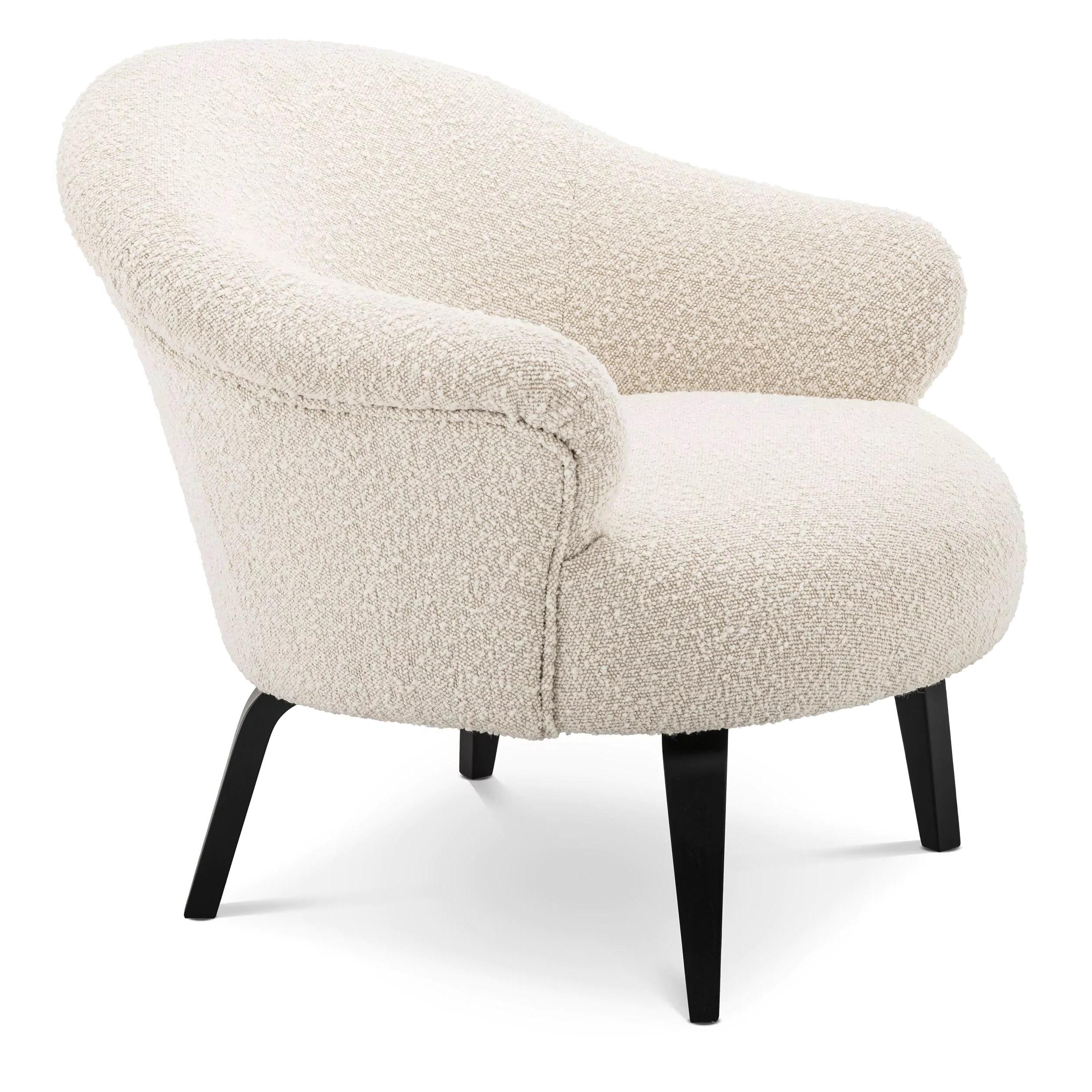 Mid-Century Modern Scandinavian Design and MCM Style Black Feet and Beige Bouclé Fabric Armchair For Sale