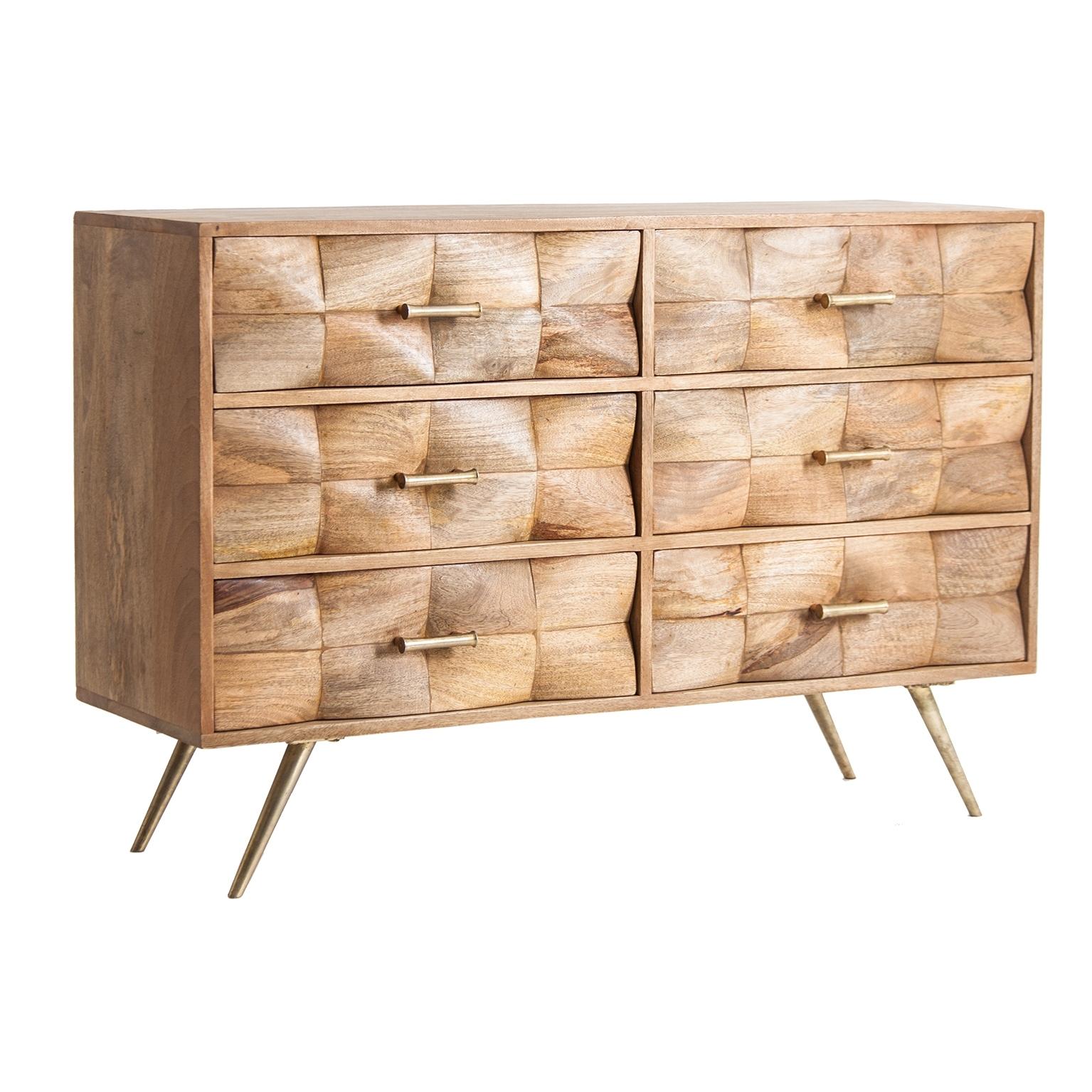 Scandinavian look and vintage midcentury style for this chest of drawers with sober lines, refined, graphic and harmonious composed of six drawers, nice work on carved wood combining gilded metal handles and compass feet. New item, never used.