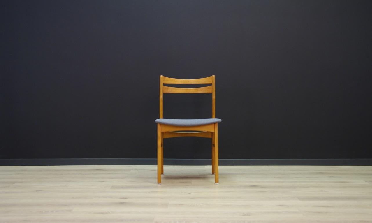 Set of two classic chairs from the 1960s-1970s - minimalist form, Danish design. Chairs made of beech wood, backs veneered with teak. New upholstery (color - grey). Preserved in good condition (small bruises and scratches on wooden structure) -