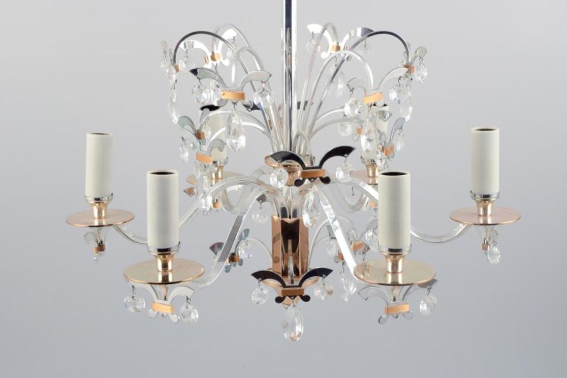 Late 20th Century Scandinavian Design, Metal Chandelier with Crystals. Approx. 1980 For Sale