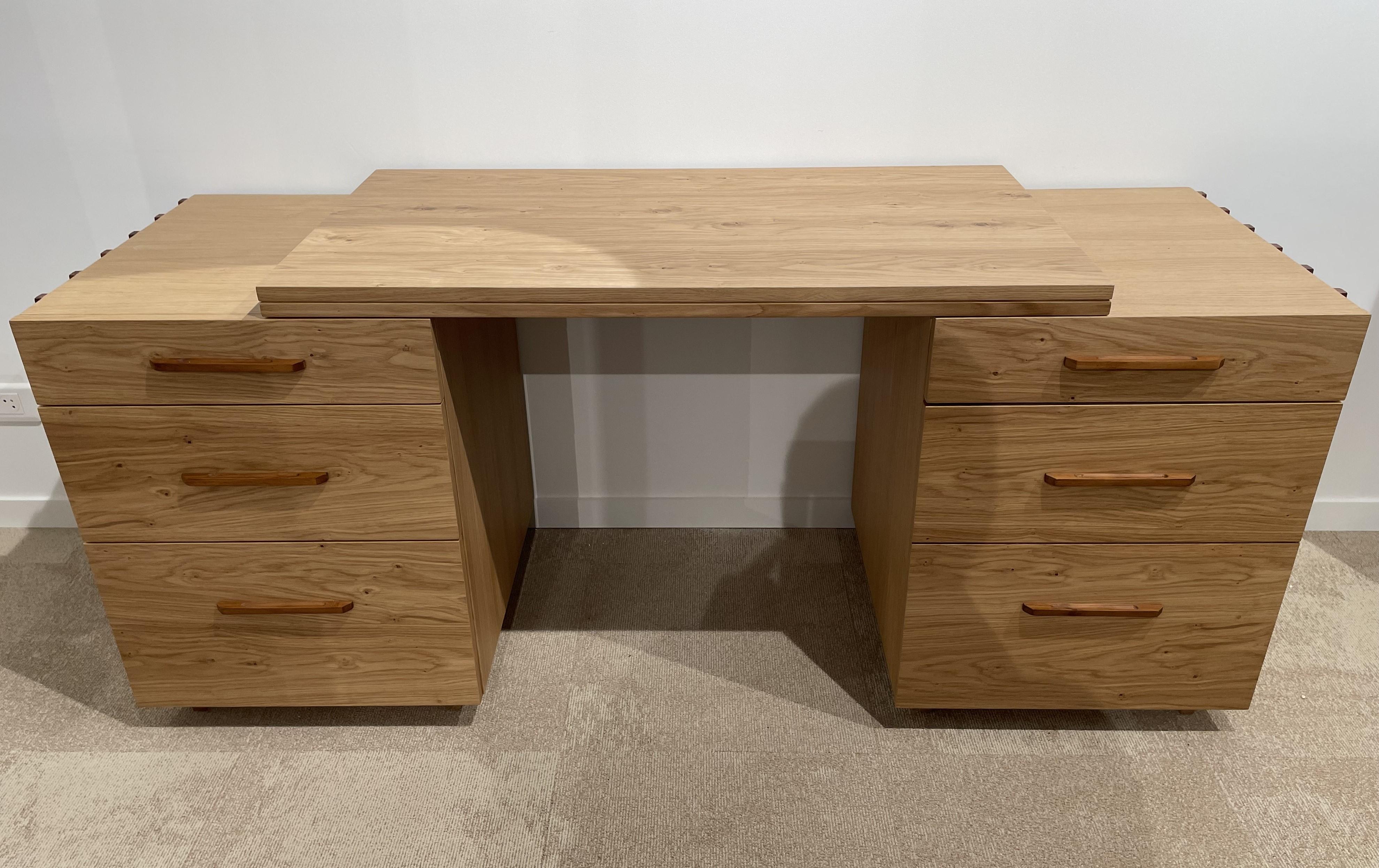 Scandinavian Design Solid Oak And Leather Modular Desk 175cm collapsing into a chest of drawers 110cm long by pushing each side ( or just one! ) to each other.
