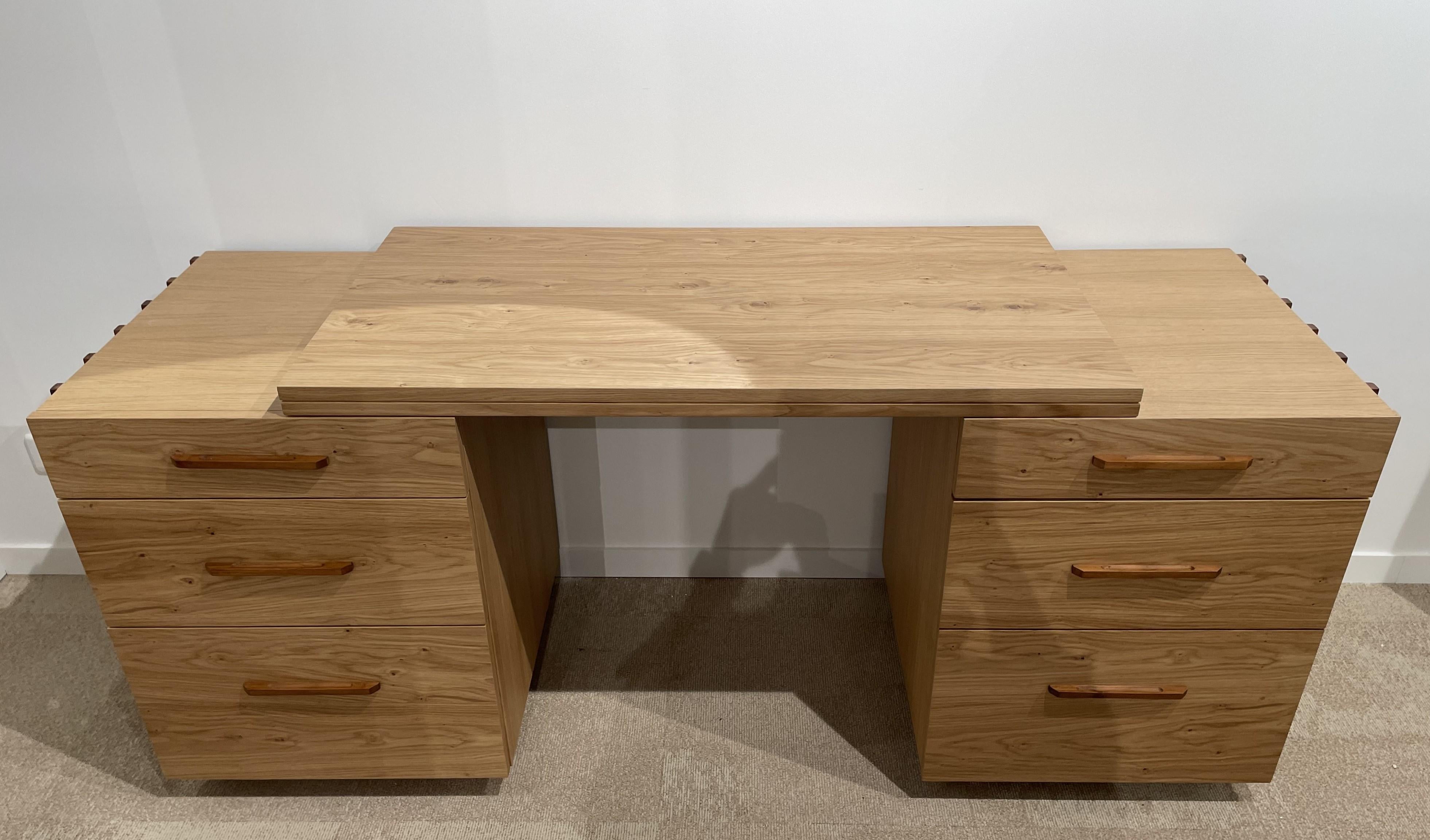 European Scandinavian Design Solid Oak And Leather Modular Desk Into A Chest Of Drawers For Sale