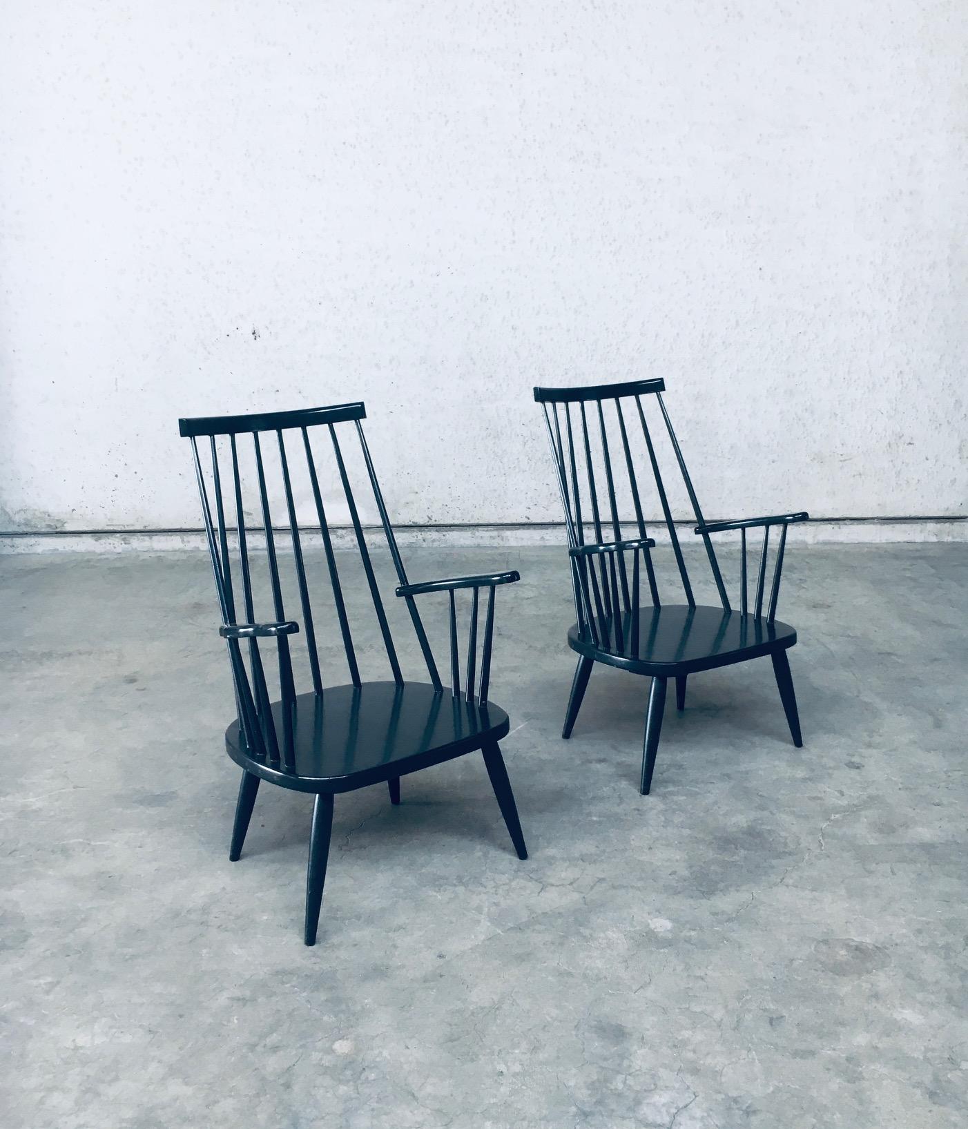 Vintage Midcentury Modern Scandinavian Design Spindle Back Lounge Chair set. Made in Denmark, 1960's period. No maker markings. Black lacquered beech wood constructed low arm chairs. These come in very good, all original condition. One has it's