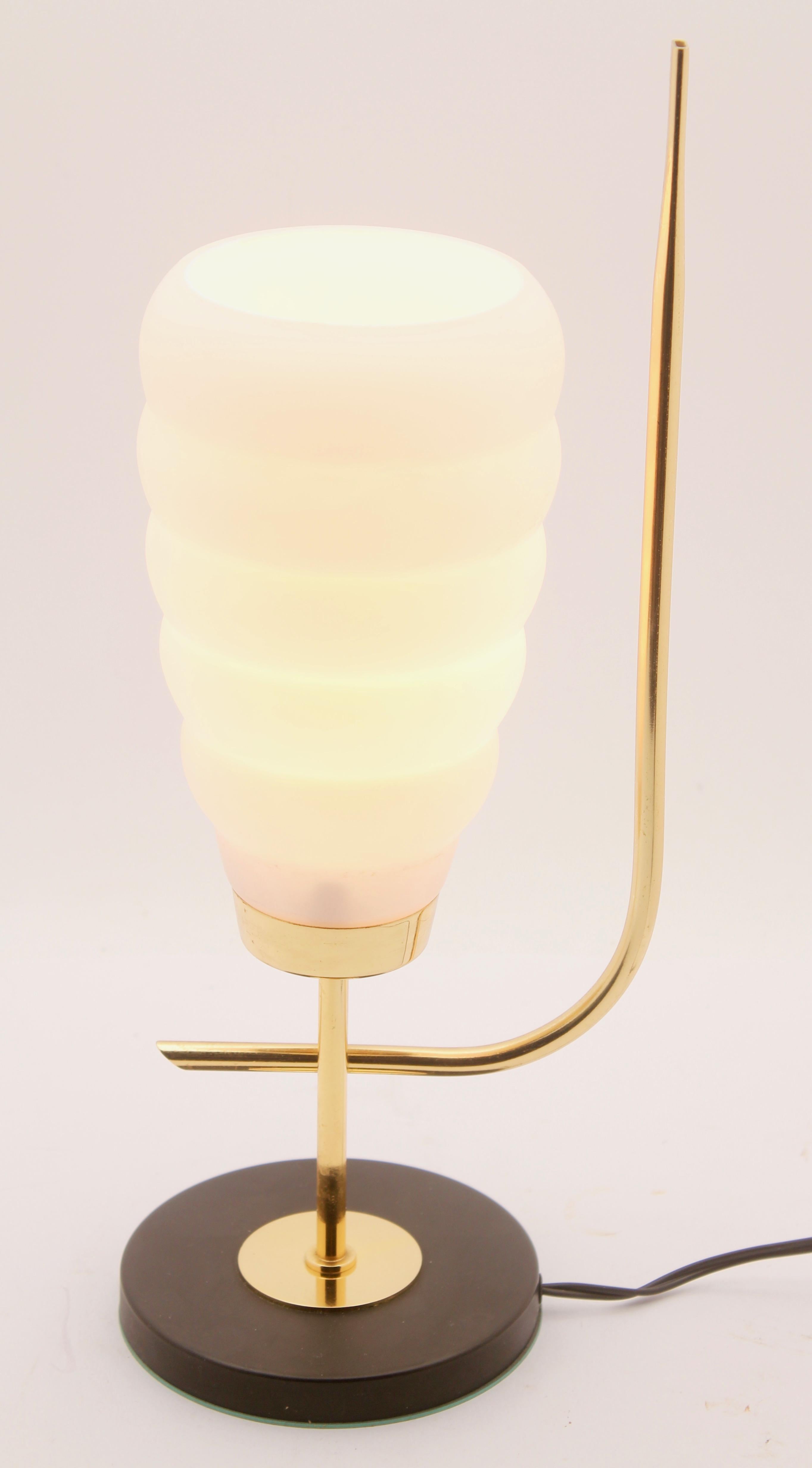 Art Deco Scandinavian Design Table Lamp with Milk-White Glass Shade and Brass Mounts