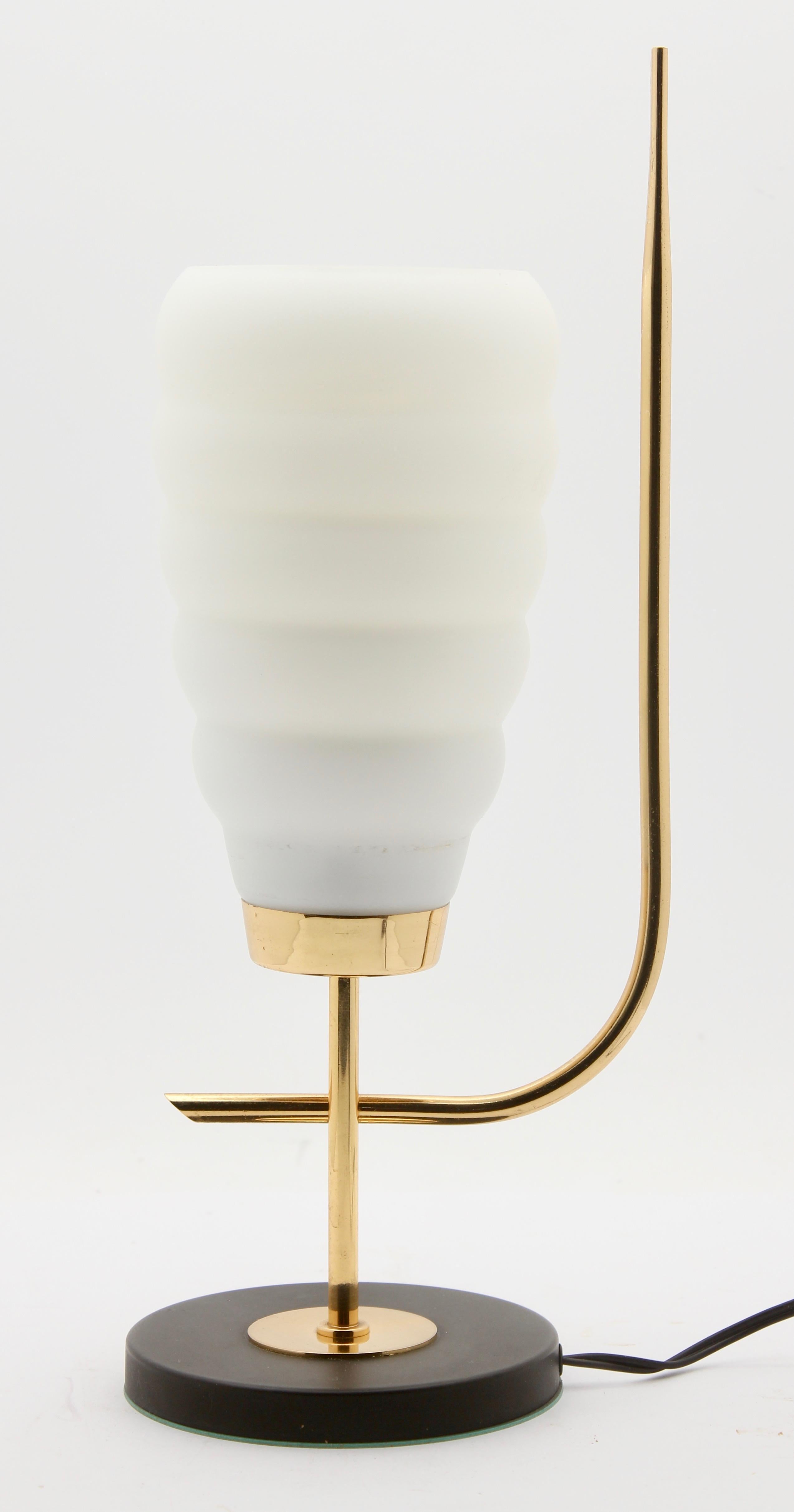 Italian Scandinavian Design Table Lamp with Milk-White Glass Shade and Brass Mounts