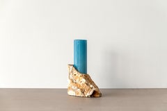 Scandinavian Design Vase, Travertino Noce Blue Glass Cylinder, by Erik Olovsson