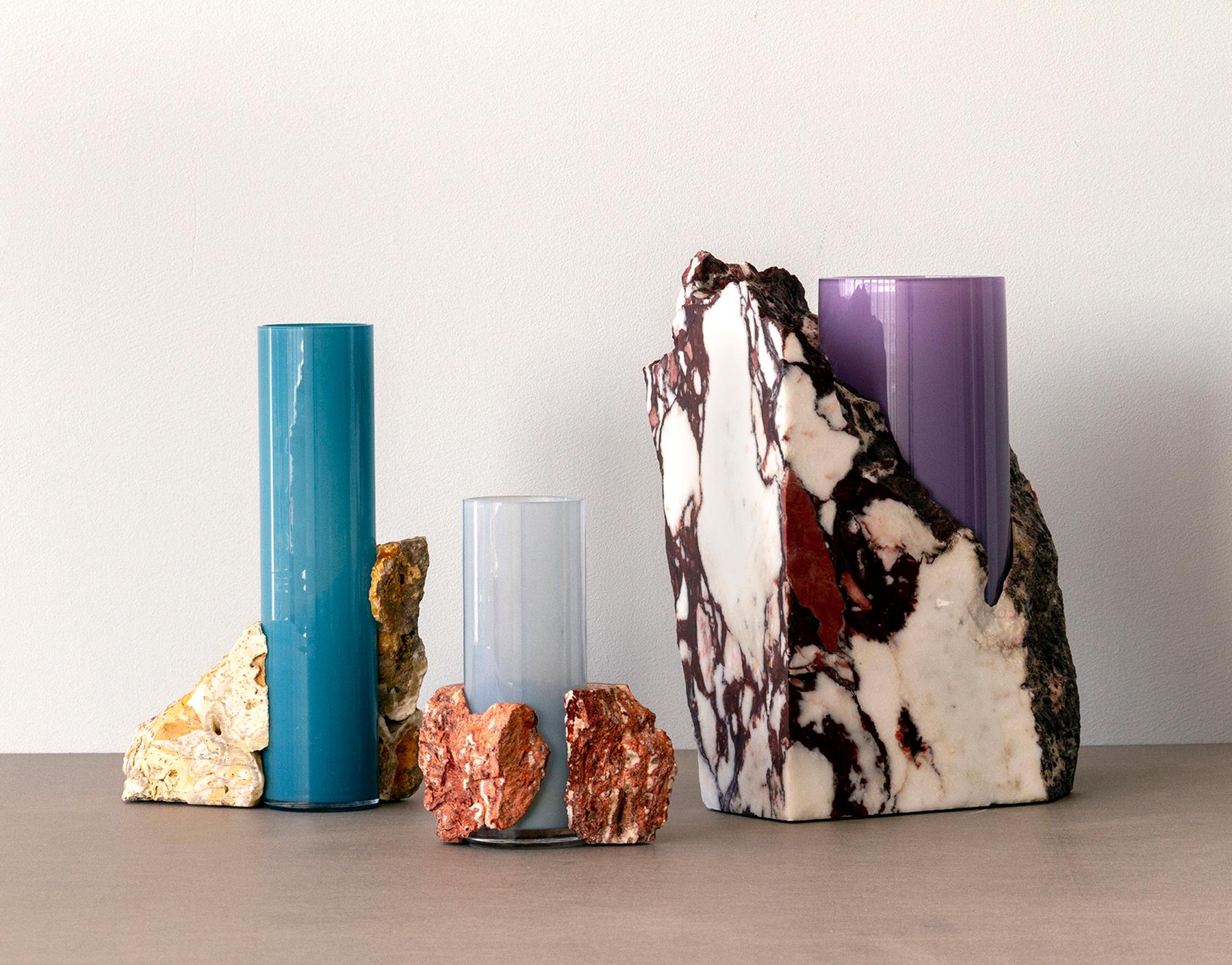 Modern Scandinavian Design Vase, Travertino Noce Blue Glass Cylinder, by Erik Olovsson For Sale