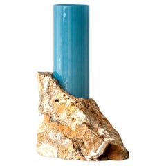 Scandinavian Design Vase, Travertino Noce Blue Glass Cylinder, by Erik Olovsson