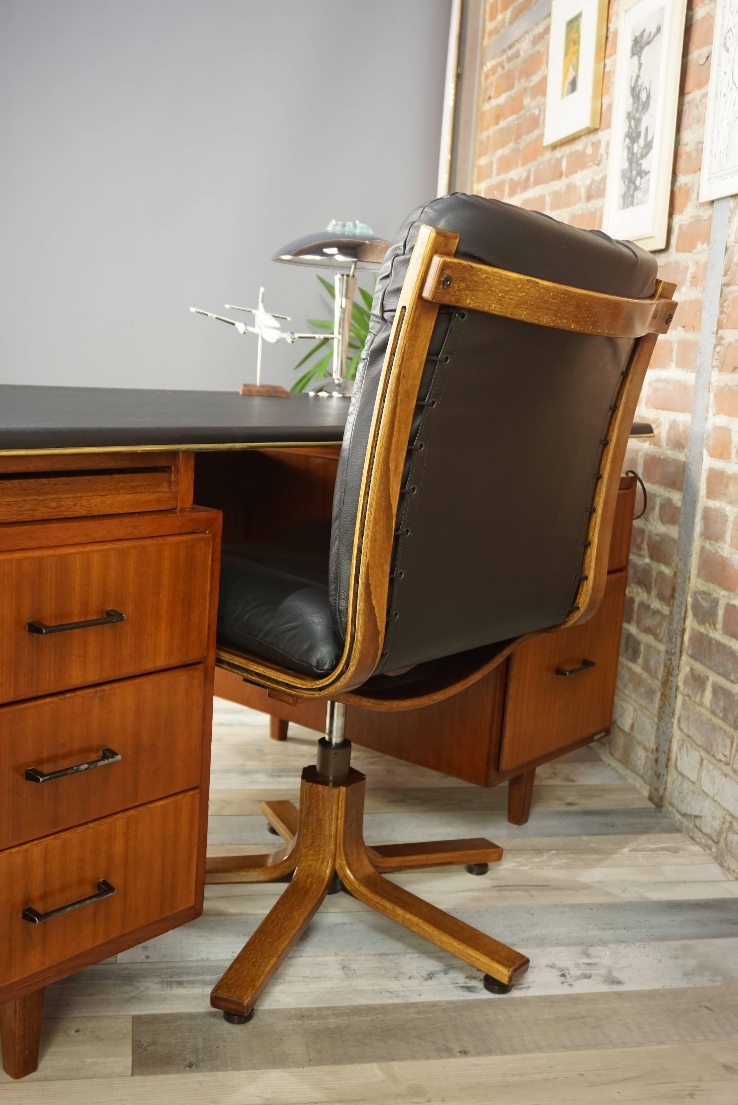 Scandinavian Design Wooden and Black Leather Swivel Office Armchair 12