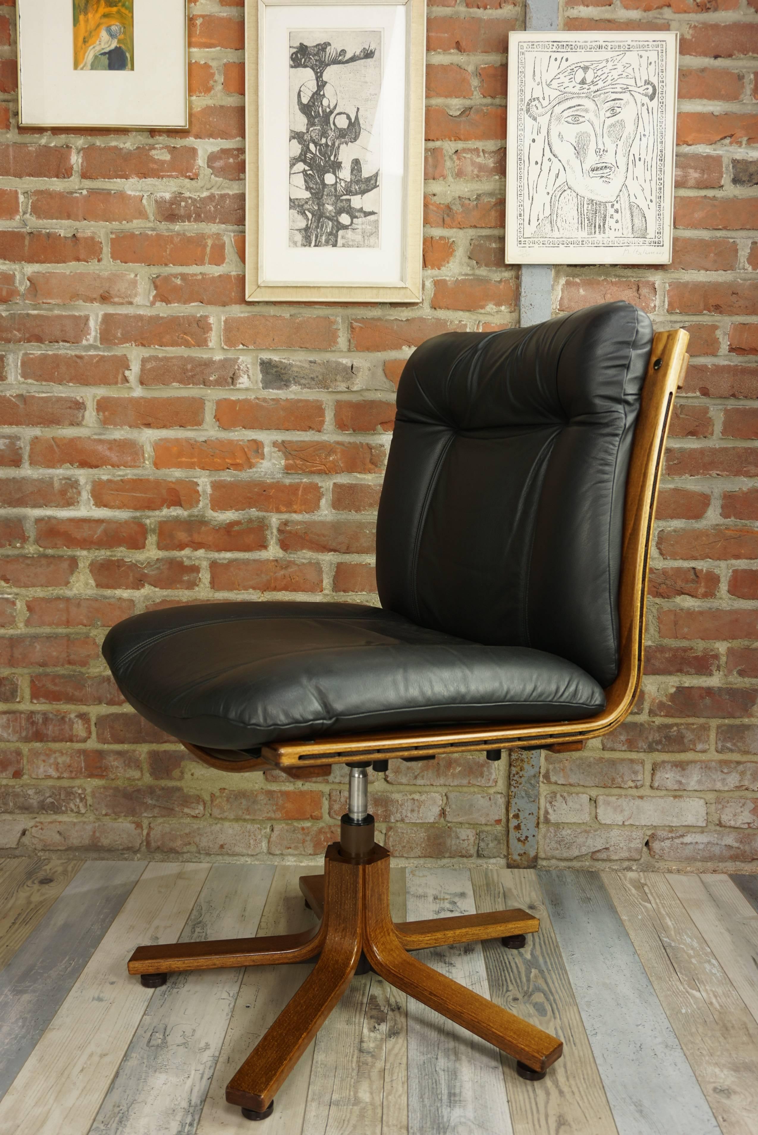 European Scandinavian Design Wooden and Black Leather Swivel Office Armchair