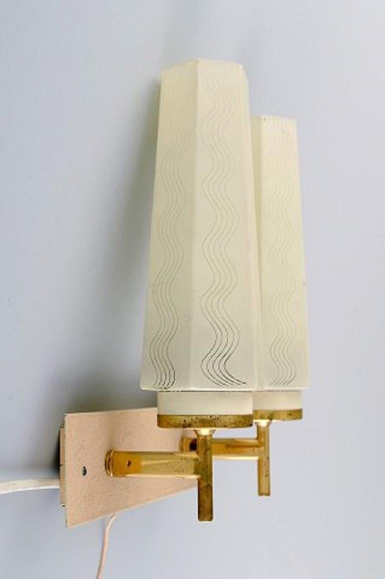 Scandinavian Designer, a Pair of Double Brass Wall Lamps with Glass Shades For Sale 3