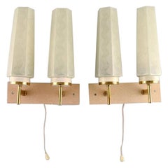 Scandinavian Designer, a Pair of Double Brass Wall Lamps with Glass Shades