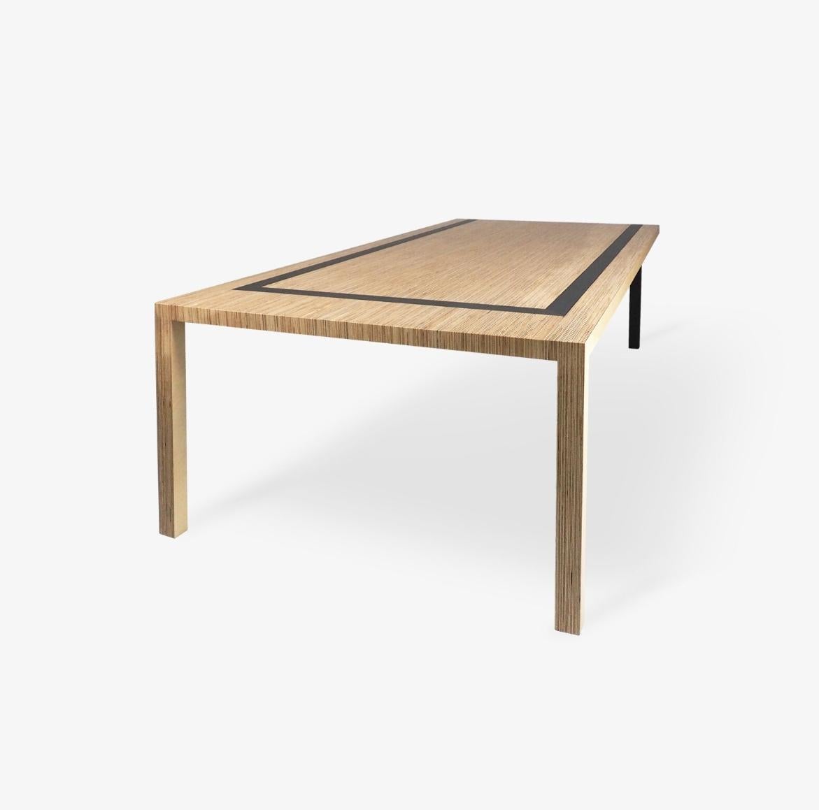 The finish concept of SISU fits like a glove to this table description: greety bravery when sucess is against the odds. 

A “U” shape holds this table together forming a dynamic and asymmetrical piece. Each pair of legs is different, giving the