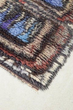 Scandinavian designer. Rya wall hanging in shades of blue, purple, brown, beige.