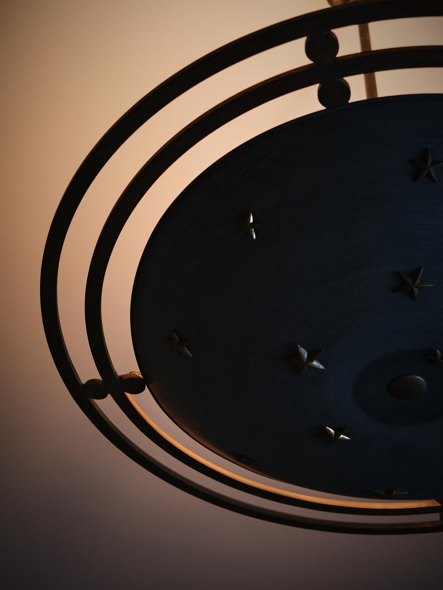 European Scandinavian designer sculptural zinc and bronze ceiling light, 1930s For Sale