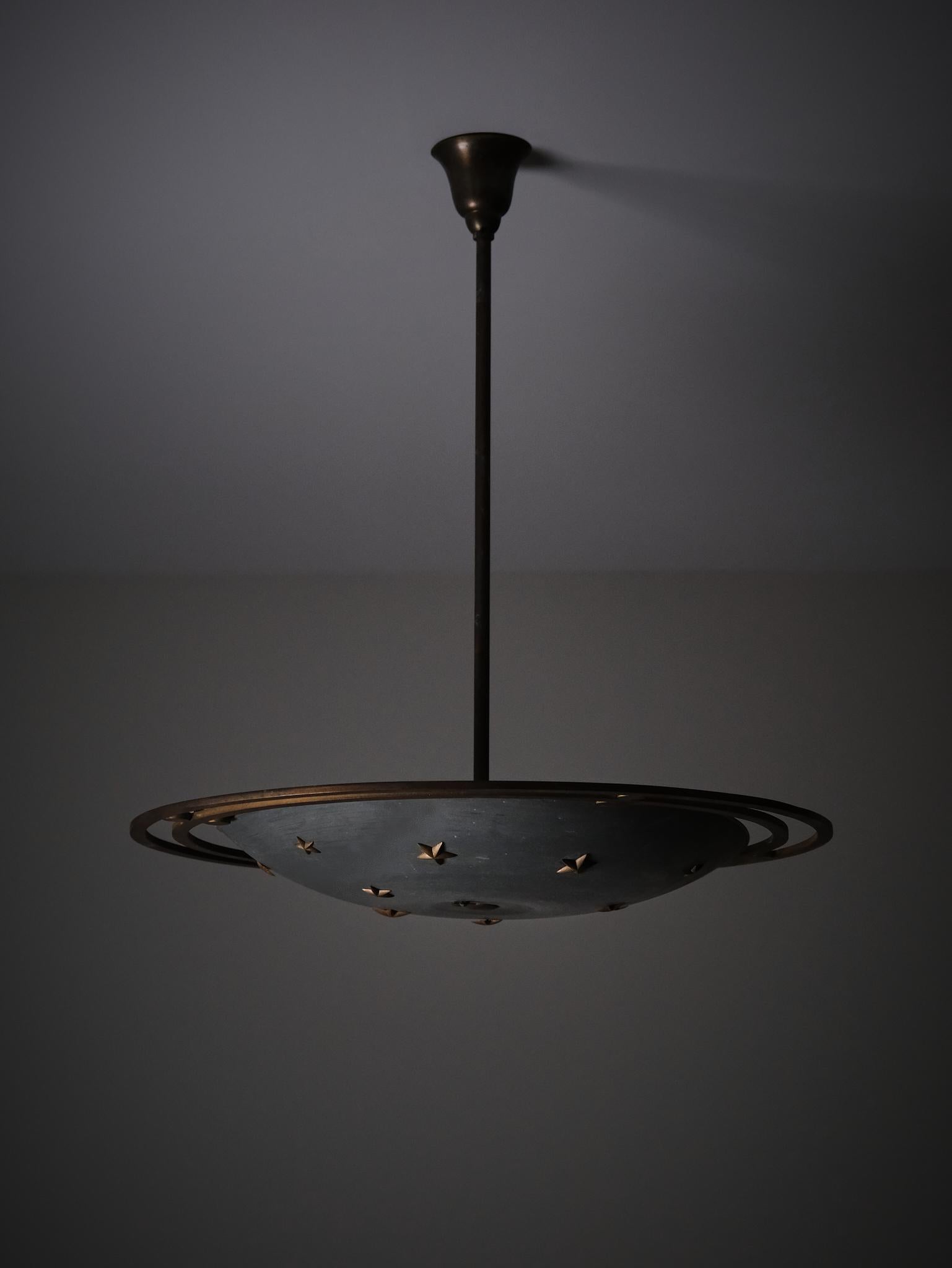 20th Century Scandinavian designer sculptural zinc and bronze ceiling light, 1930s For Sale