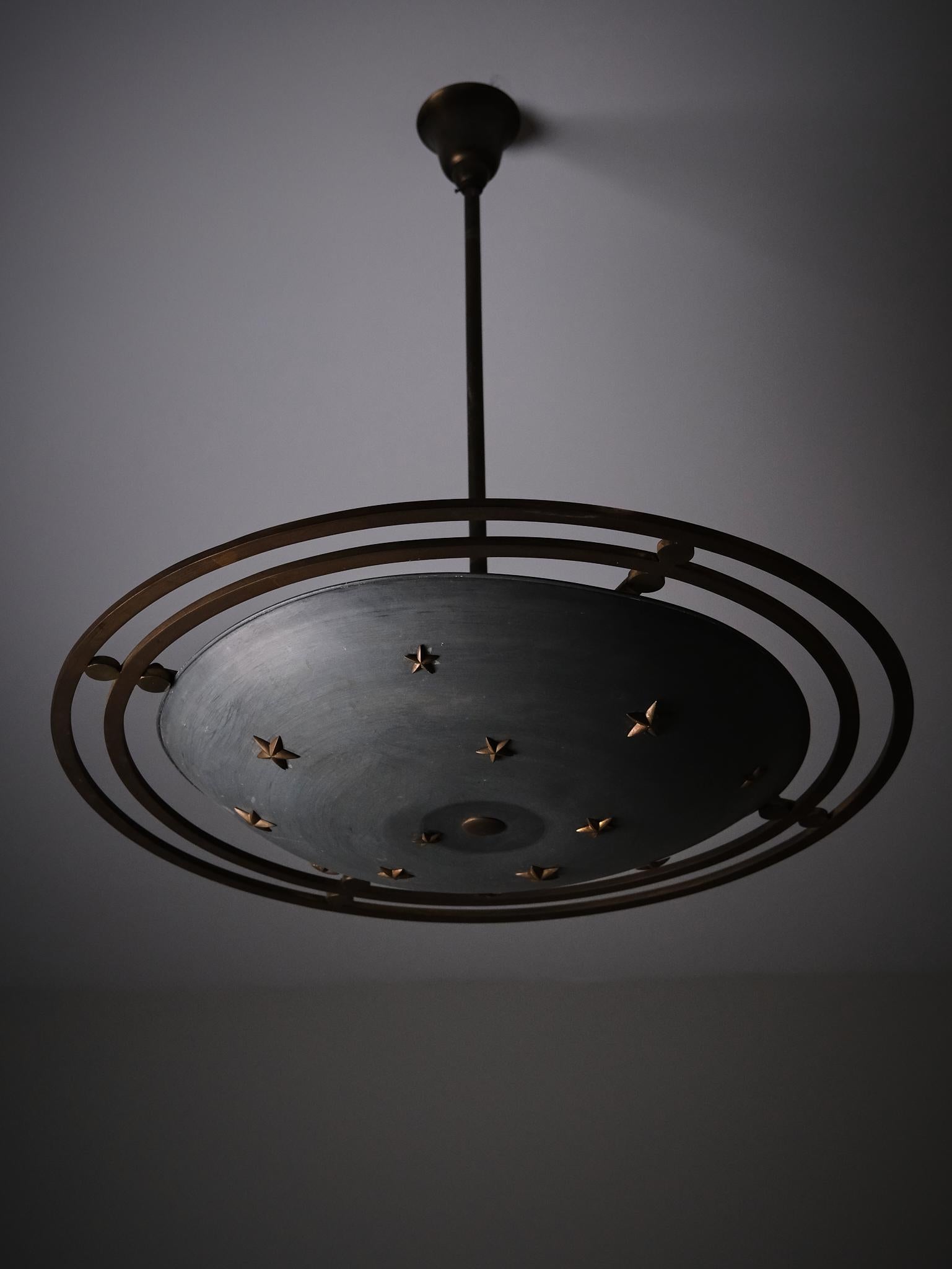 Bronze Scandinavian designer sculptural zinc and bronze ceiling light, 1930s For Sale