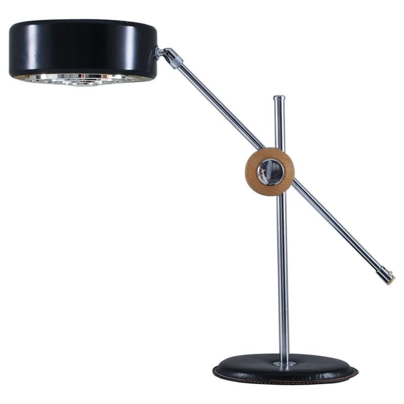 Scandinavian Desk Lamp in Chrome, Leather and Black Metal by Atljé Lyktan