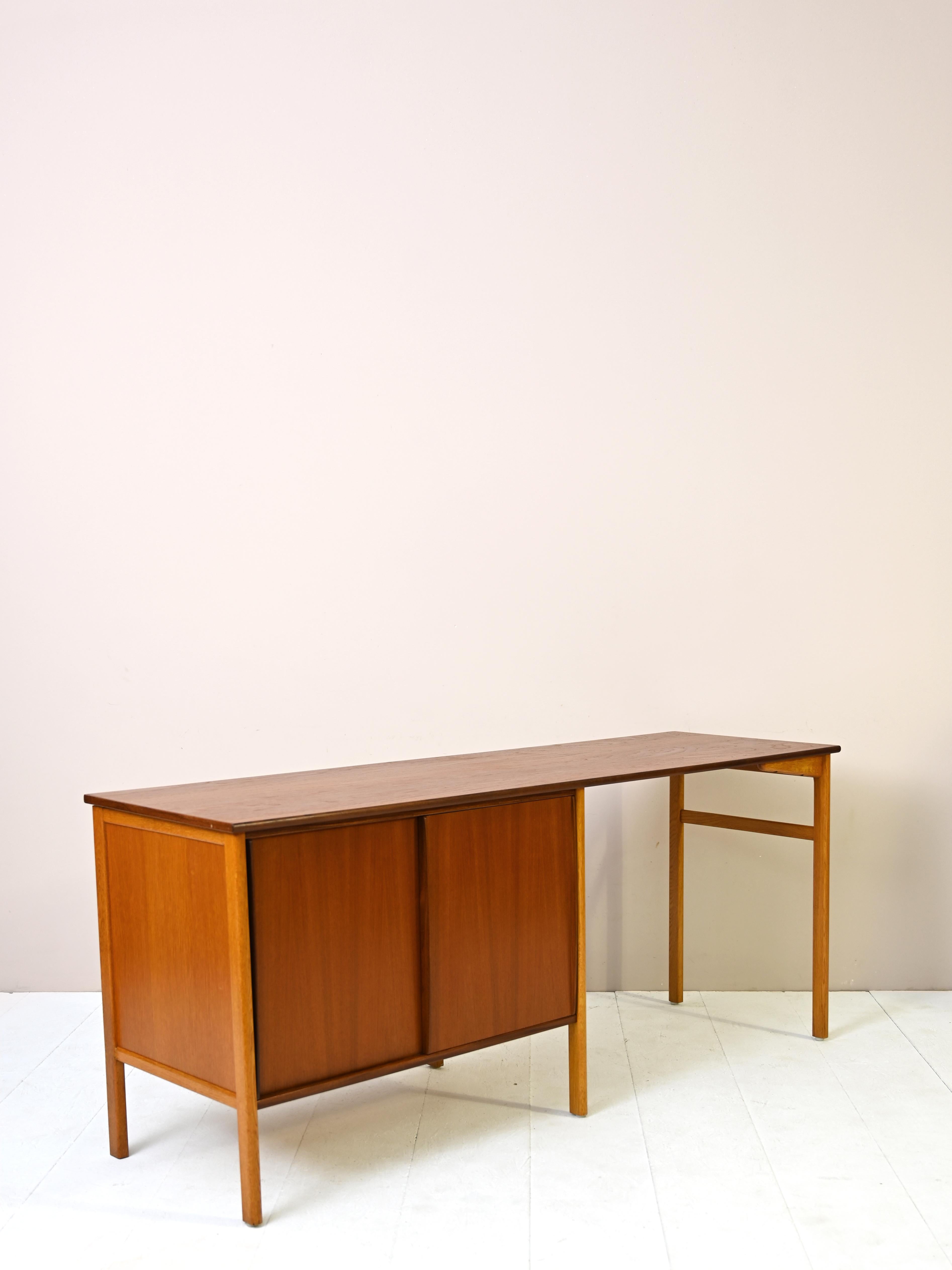 Teak Scandinavian Desk with Bookcase and Compartment with Sliding Doors