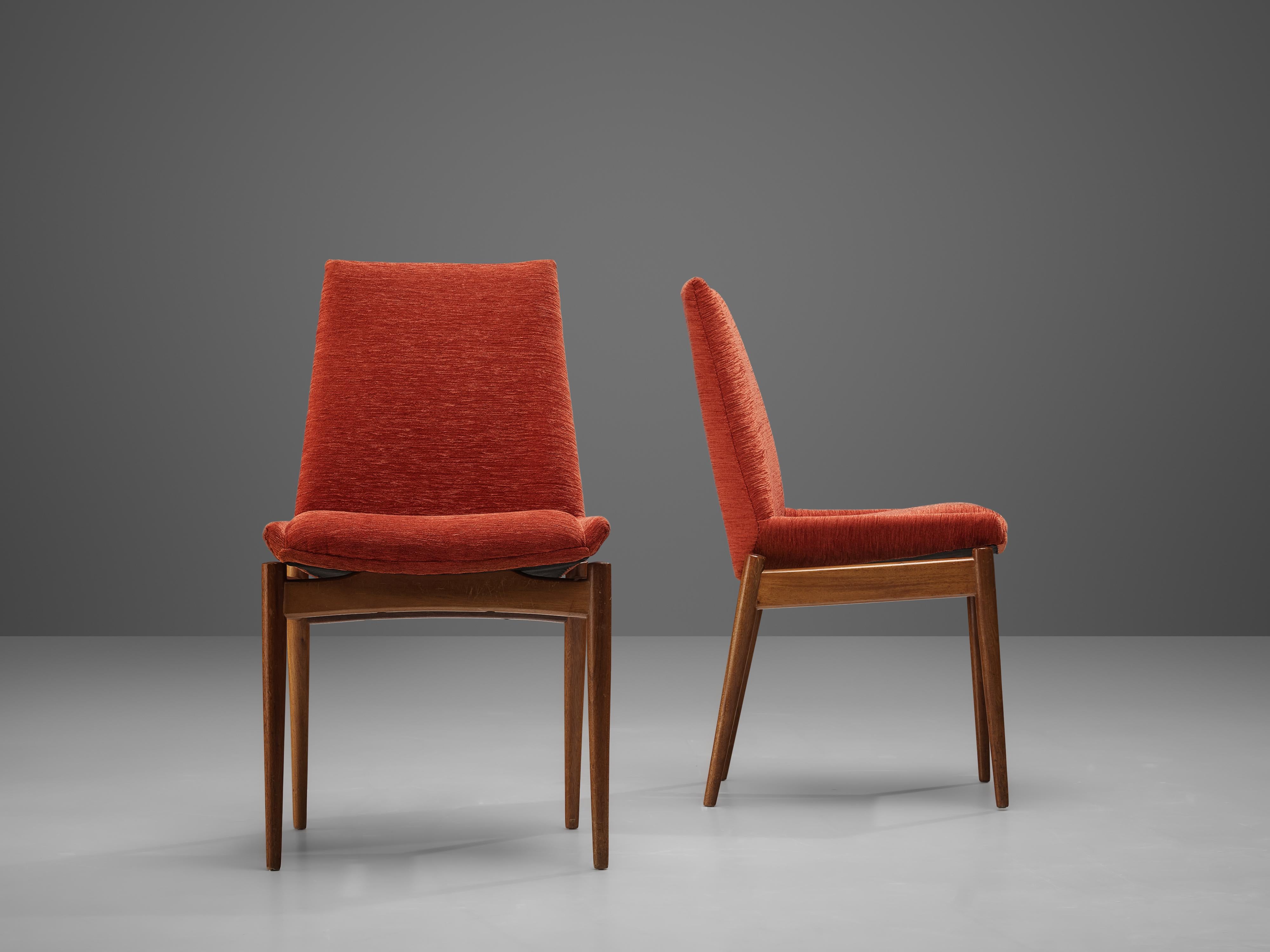 Scandinavian Modern Scandinavian Dining Chairs in Teak and Red/Orange Cord Upholstery