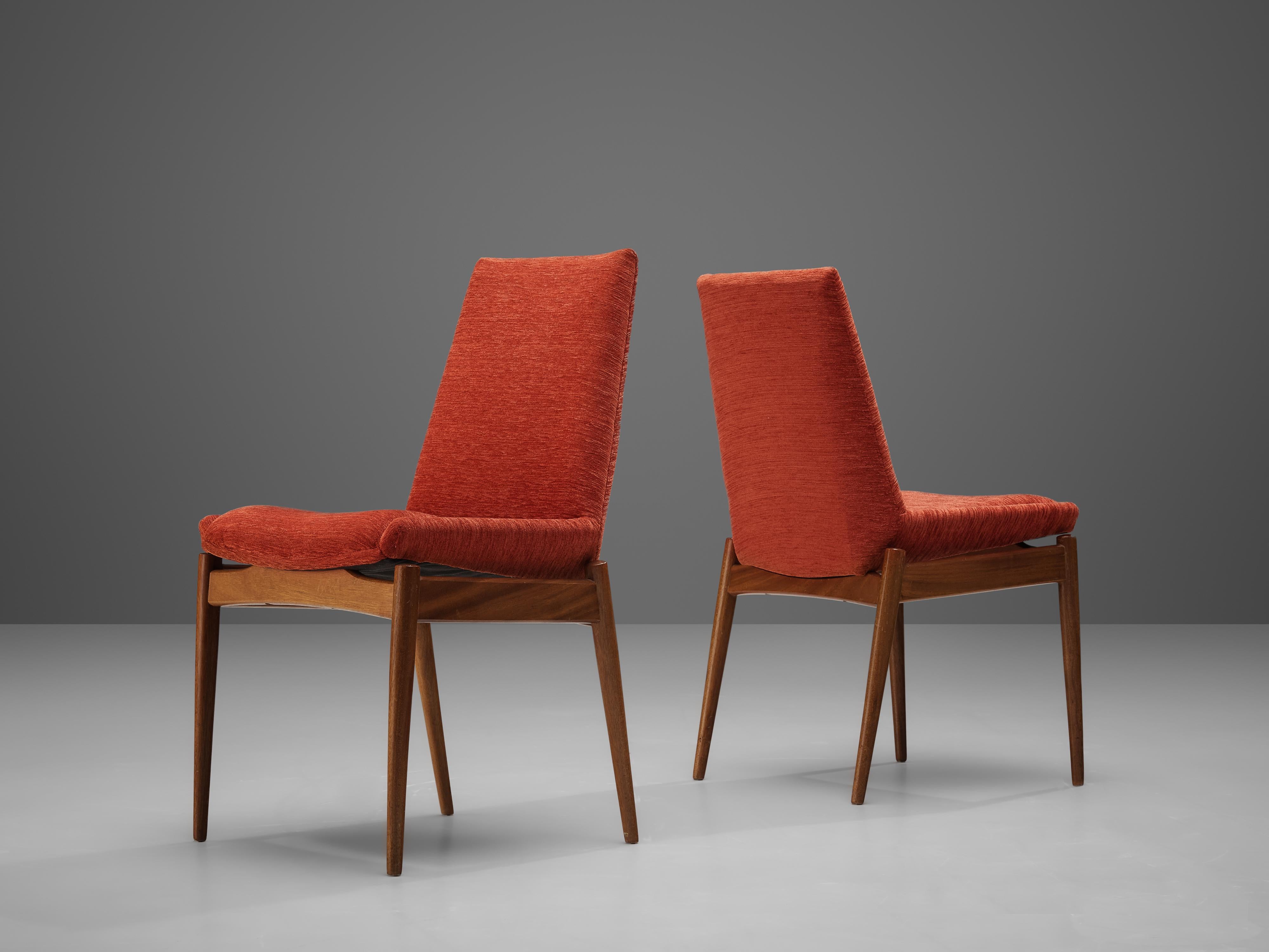 Scandinavian Dining Chairs in Teak and Red/Orange Cord Upholstery In Good Condition In Waalwijk, NL