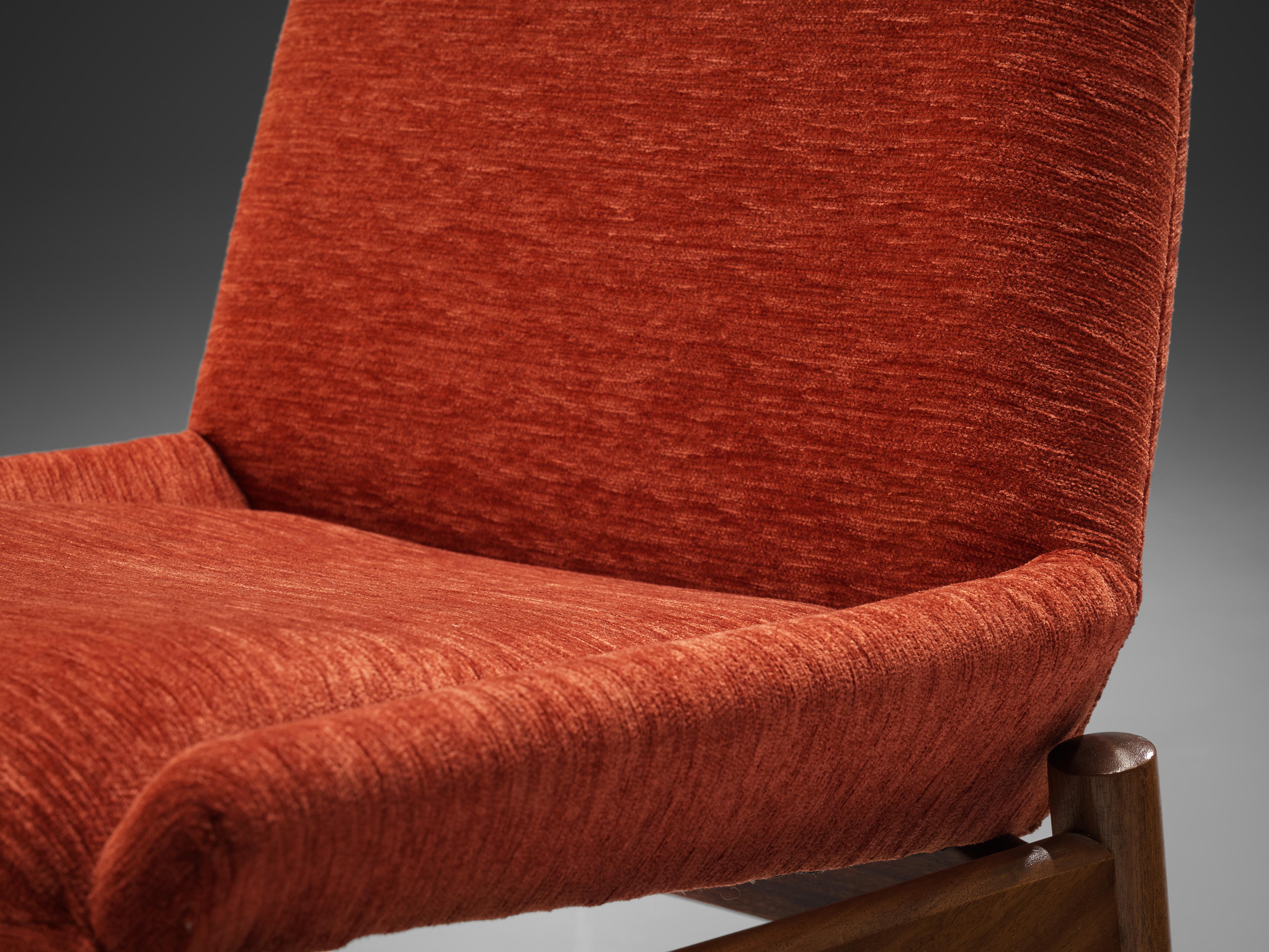 Velvet Scandinavian Dining Chairs in Teak and Red/Orange Cord Upholstery