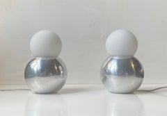 Scandinavian Dual Sphere Table Lamps in Polished Aluminum & White Opaline Glass