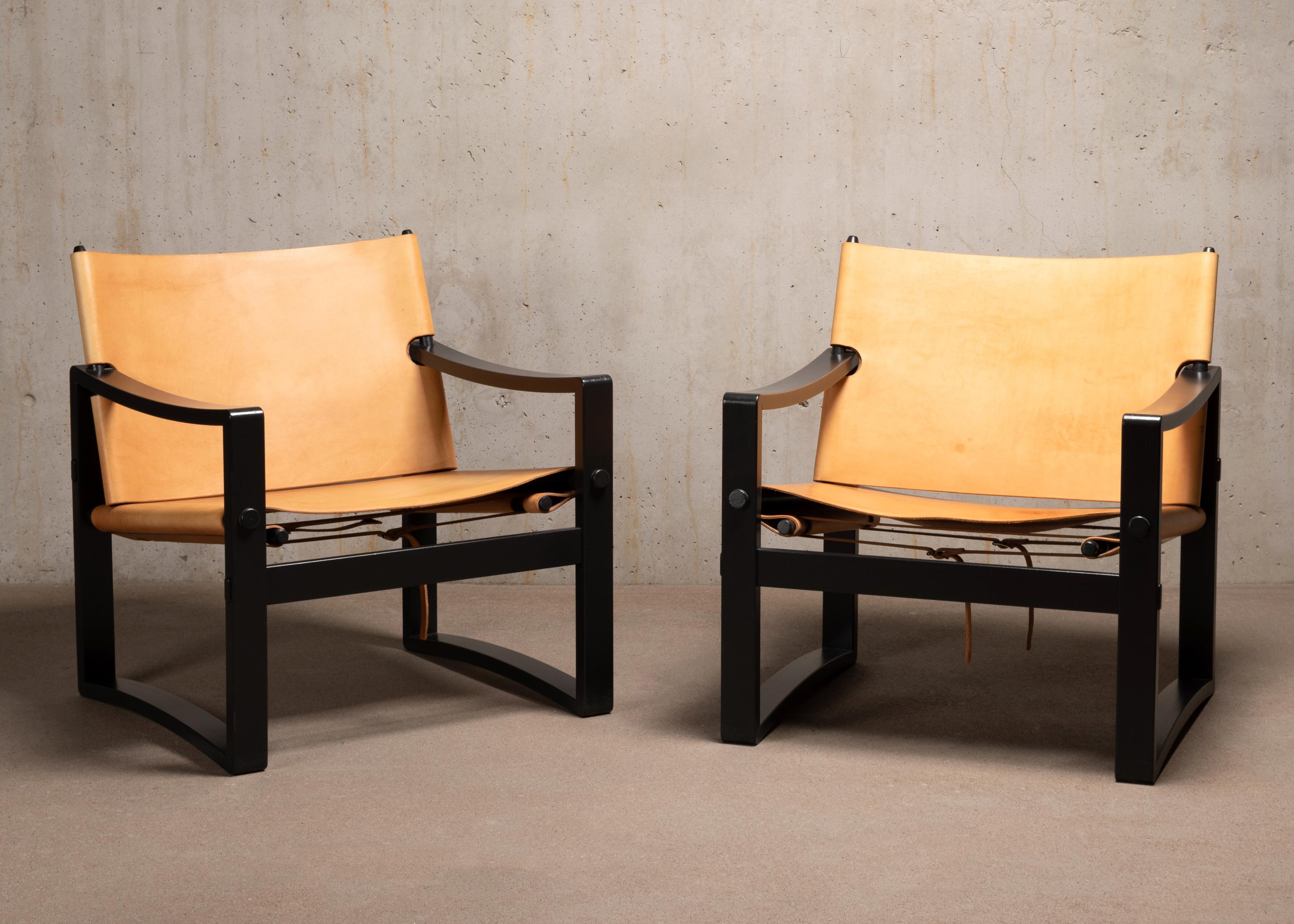 Danish Scandinavian Easy Armchairs in Graphite Black Wooden Frames and Cognac Leather