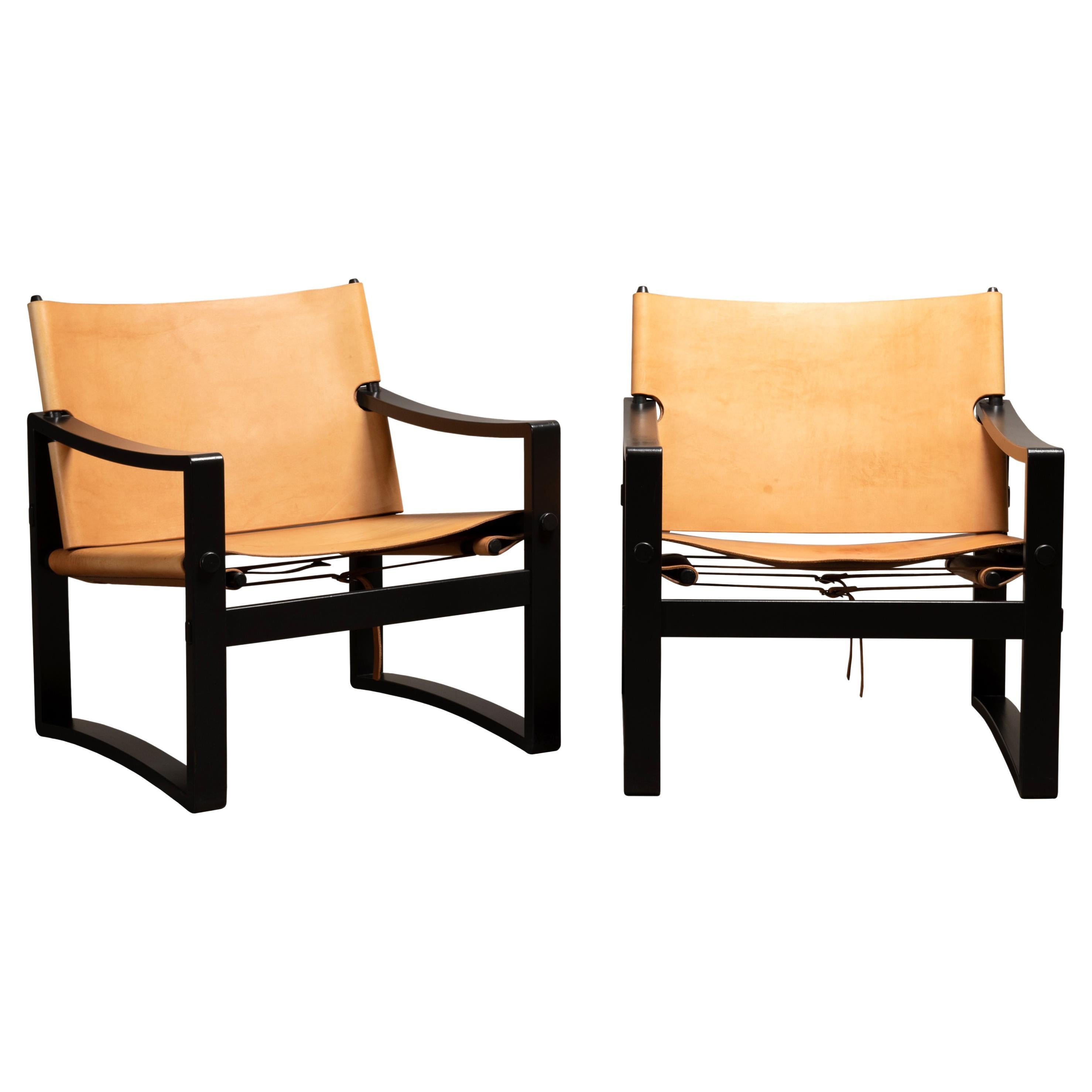 Scandinavian Easy Armchairs in Graphite Black Wooden Frames and Cognac Leather