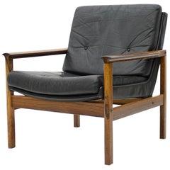 Scandinavian Easy Chair in Wood and Black Leather, 1960s