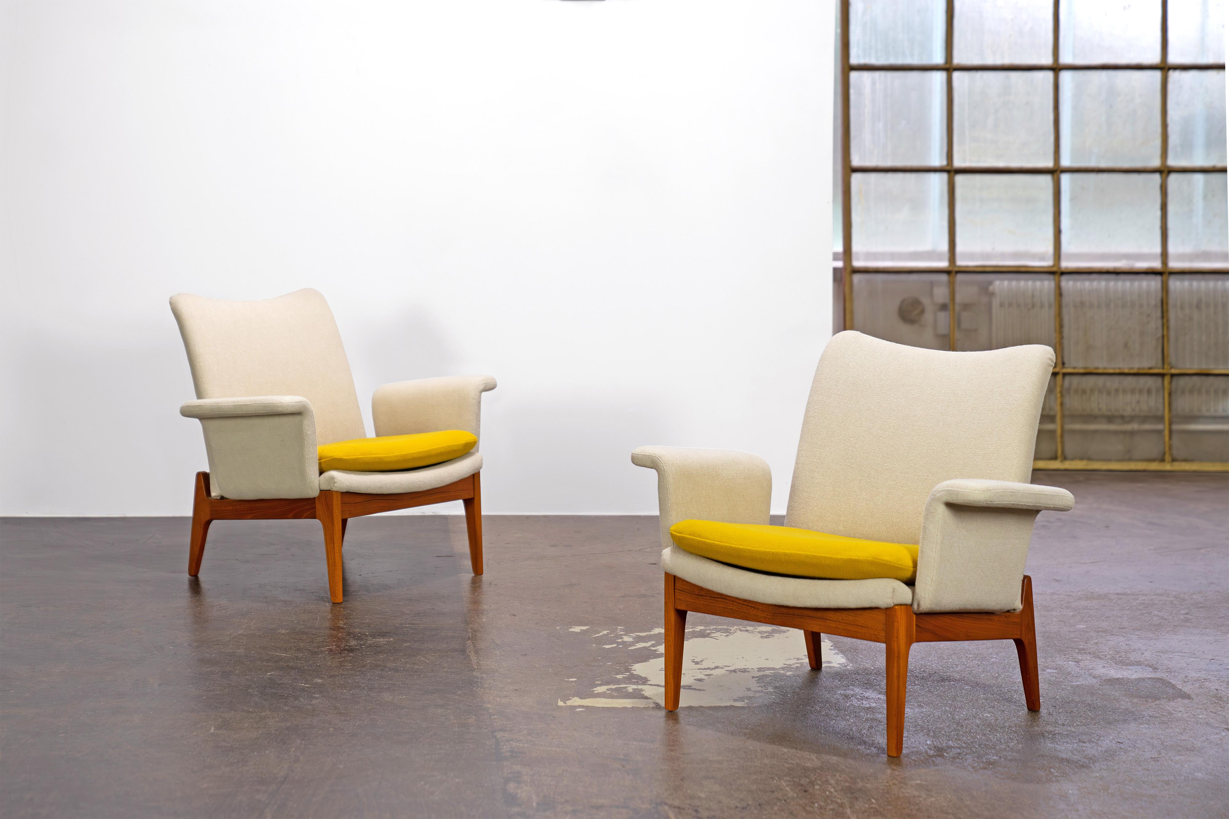 Rare easy chairs by Finn Juhl. Teak frame, newly upholstered and covered with fabric from 