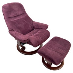 Used Scandinavian Ekornes Stressless Adjustable Purple Suede  Recliner & Ottoman